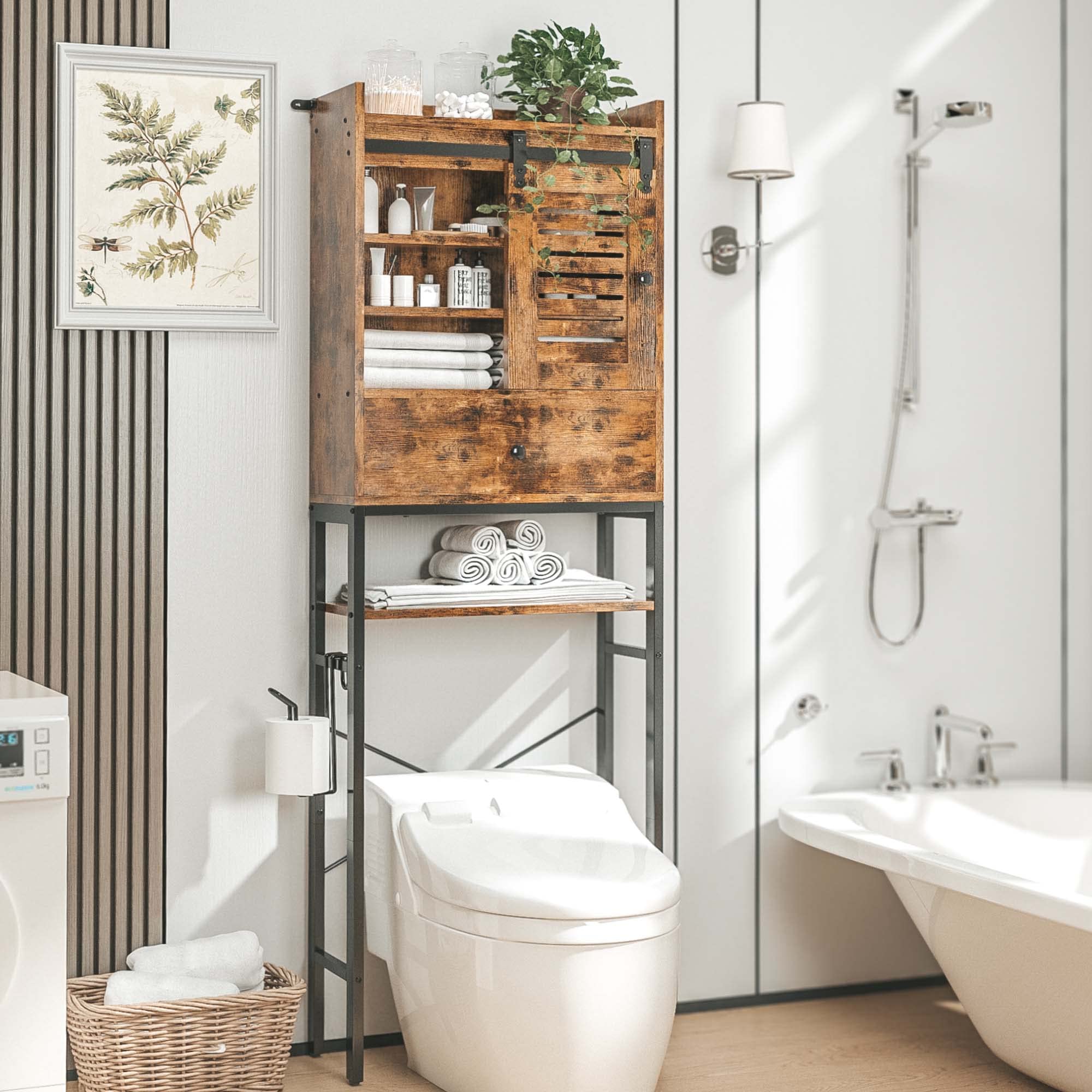 Vintage Brown Over The Toilet Storage Rack with Cabinet & 6-Tier Shelves - Adjustable Bathroom Organizer with Sliding Door, Paper Hook - Space Saving Solution for Small Bathrooms, Apartments & Dorm Rooms