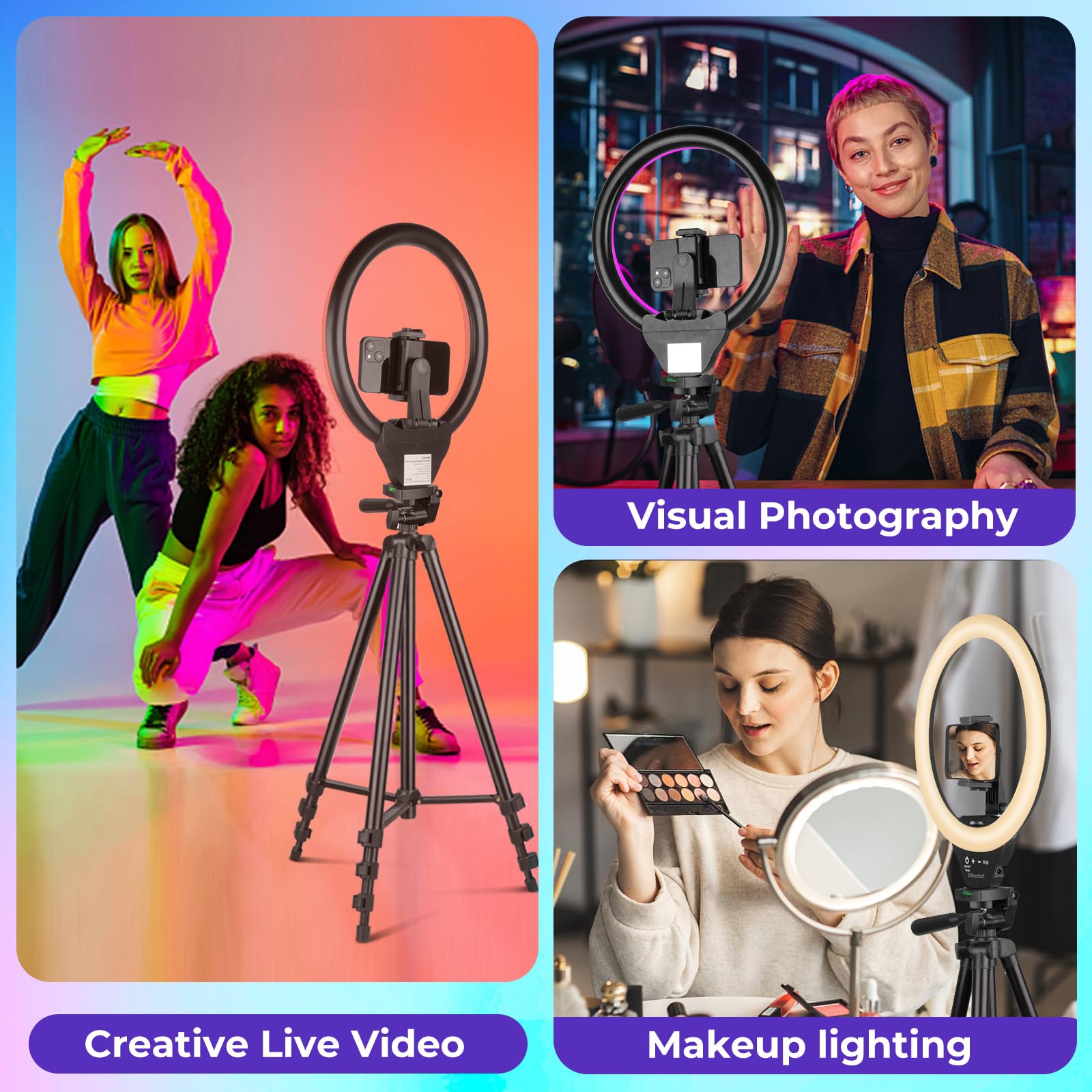 Sensyne 10'' RGB LED Ring Light with 50'' Adjustable Tripod Stand & Phone Holder - Perfect for Live Streaming, Makeup Tutorials, YouTube Videos, TikTok Content Creation - Compatible with iPhone, Android & All Smartphones - Ideal for Home Studio, Beauty Room & Social Media Influencers