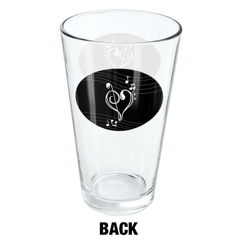 LOGOVISION Treble Bass Clef Heart Music Black 16 oz Pint Glass - Tempered Glass with Printed Design - Perfect Gift for Music Fans - Ideal for Cold Beverages, Soda, Water, Beer & Cocktails at Concerts, Parties & Home Bars