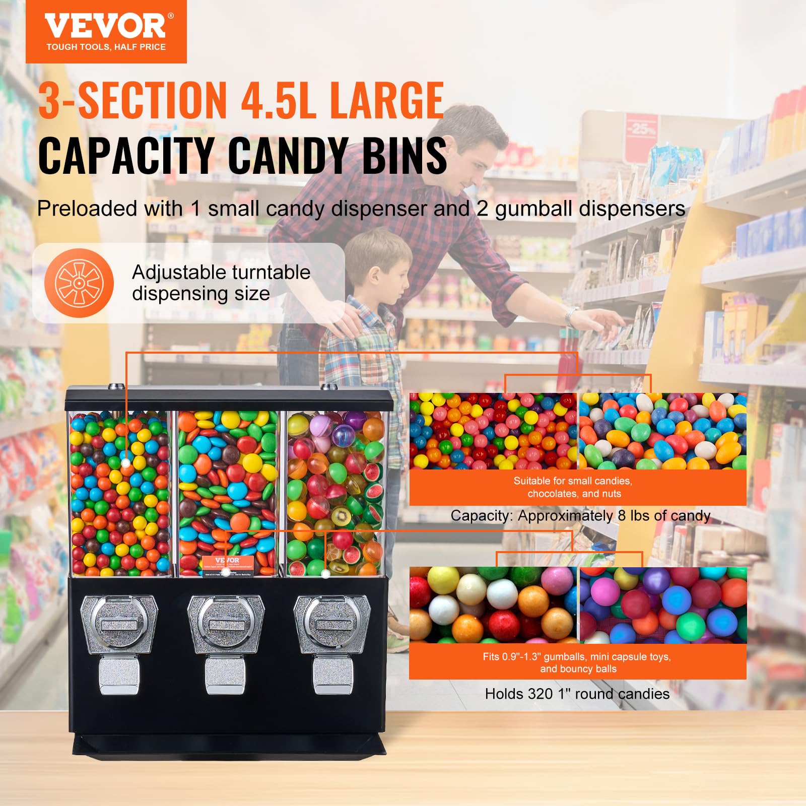 VEVOR Commercial Triple Compartment Candy Vending Machine with Iron Stand - Coin Operated Gumball & Nut Dispenser for Business (Black) | Perfect for Retail Stores, Arcades, and Office Break Rooms