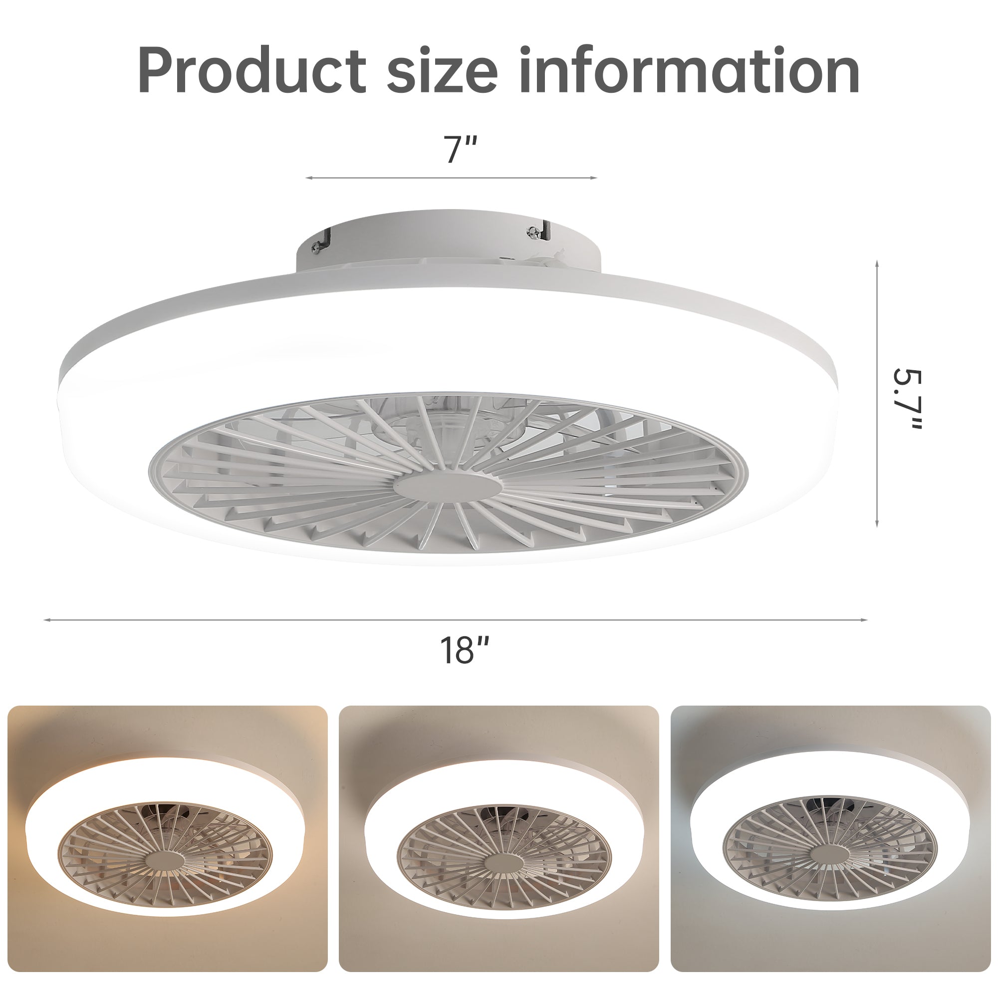 18 Inch Flush Mount Bladeless Ceiling Fan with Light and Remote Control - Modern Low Profile Enclosed Fan for Bedroom, Kitchen, Dining Room - Perfect for Small Spaces and Energy Efficient Cooling