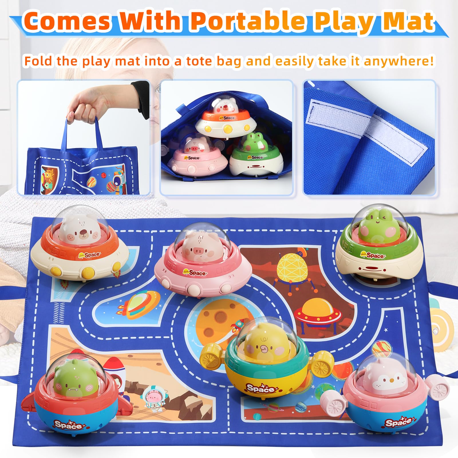 6PCS Animal Car Toys with Playmat - Space Theme Gift for 1 Year Old | Birthday & Christmas Present for Babies 12-18 Months