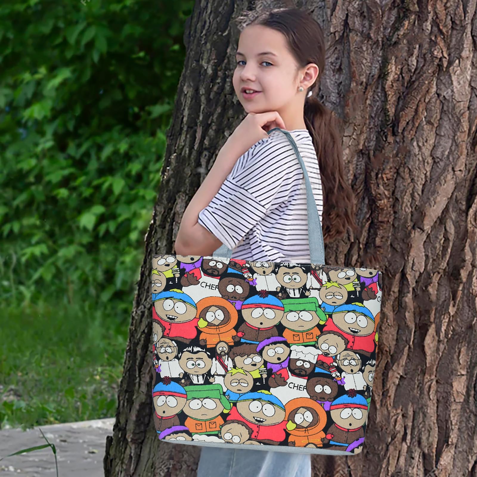Kenny Cartoon Graffiti Women's Canvas Tote Bag - Reusable Shoulder Bag with Zip Closure for School, Travel & Shopping - Stylish Casual Purse for Women & Teens
