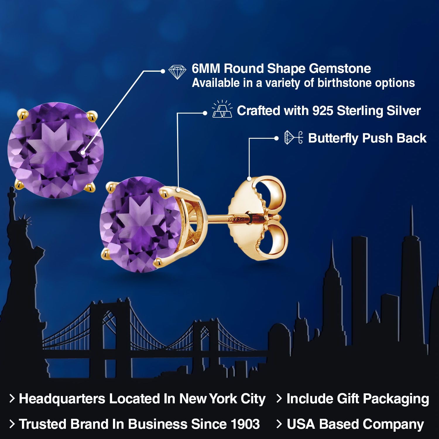 Gem Stone King 18K Yellow Gold Plated Sterling Silver 6MM Round Birthstone Stud Earrings for Women & Men | Zodiac, Anniversary & Birthday Gift Jewelry | Everyday Wear & Special Occasion Accessories