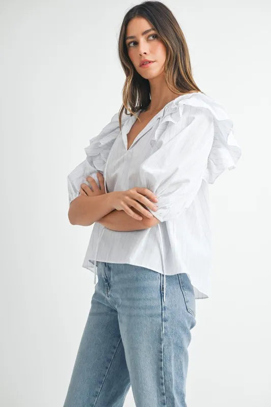 Elegant Stripe Ruffle Shoulder Puff Sleeve Blouse for Women - Trendy Office & Party Wear - Perfect for Work, Date Night & Special Occasions