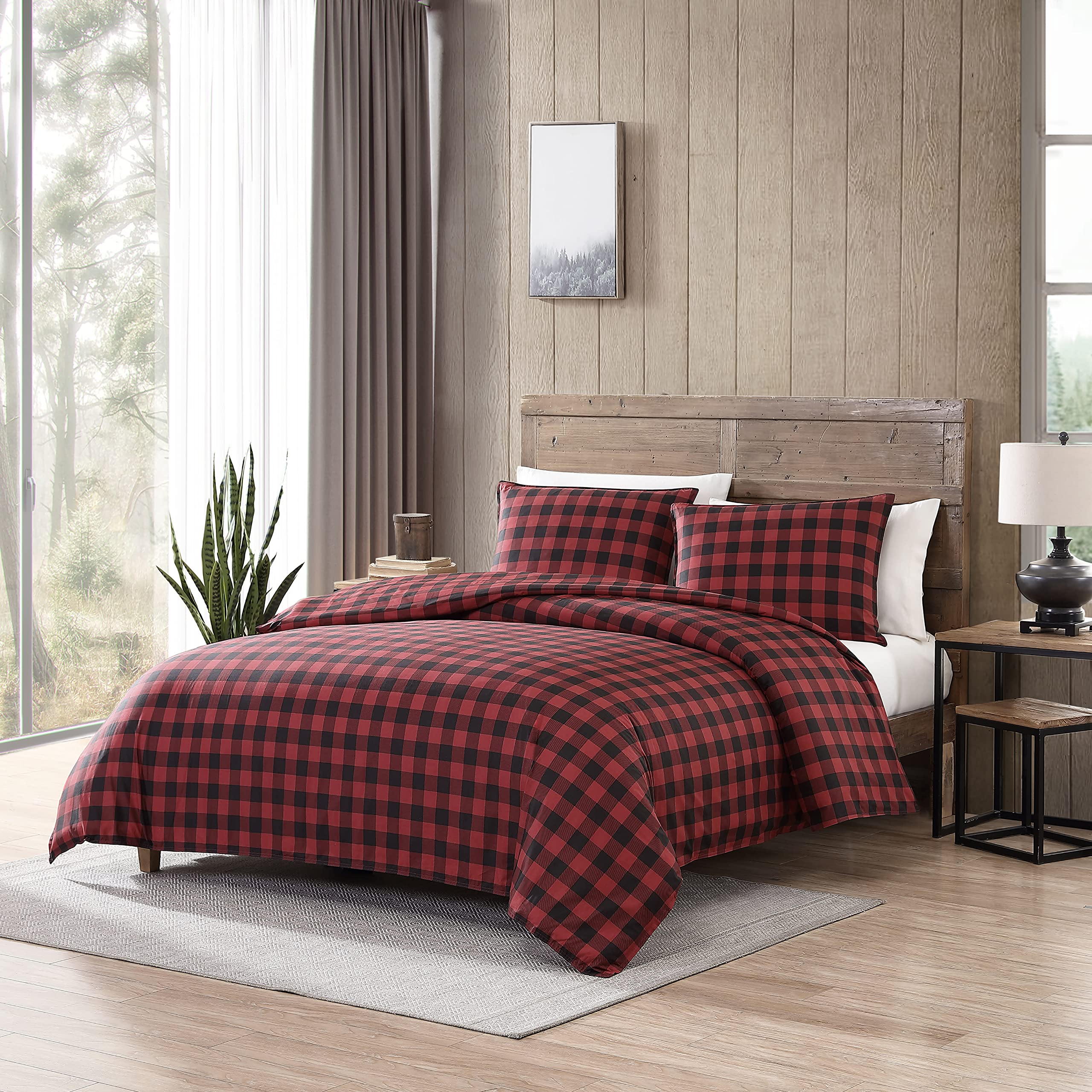 Eddie Bauer Queen Size Comforter Set - 100% Cotton Reversible Bedding with Buffalo Plaid Design, All-Season Warmth (Red/Black) for Cozy Bedroom & Guest Room Decor