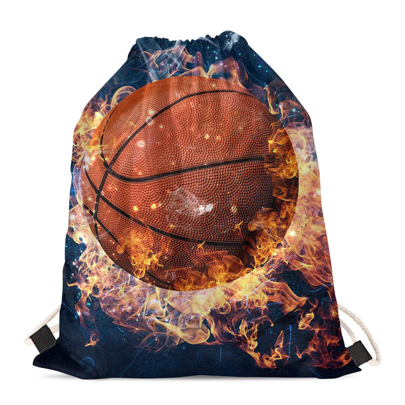 POCEACLES Fire Basketball Print Drawstring Backpack - Lightweight Gym Bag for Men & Boys - Athletic Sports Travel Backpack with Drawstring Closure - Perfect for Basketball Practice, Gym Workouts & School Sports