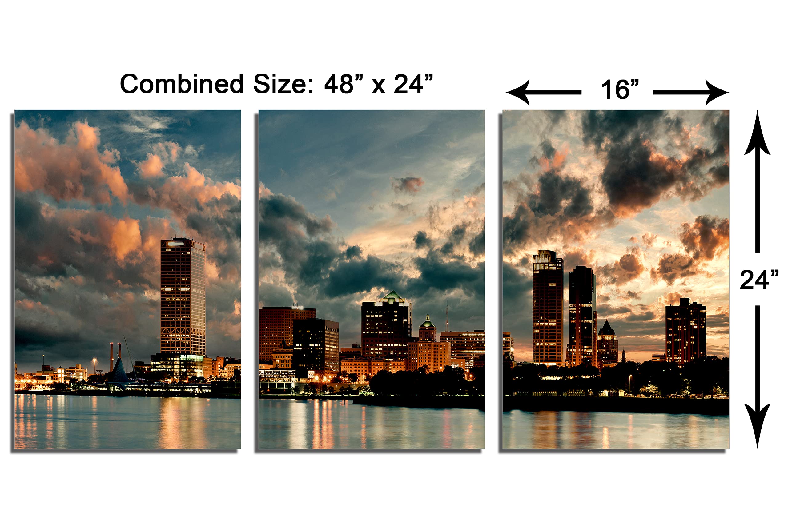 Milwaukee Skyline Wall Art - 48x24 Inch Metal Print Canvas with Dramatic 3 Panel Split | Wisconsin Cityscape Decor for Living Room, Office & Bedroom