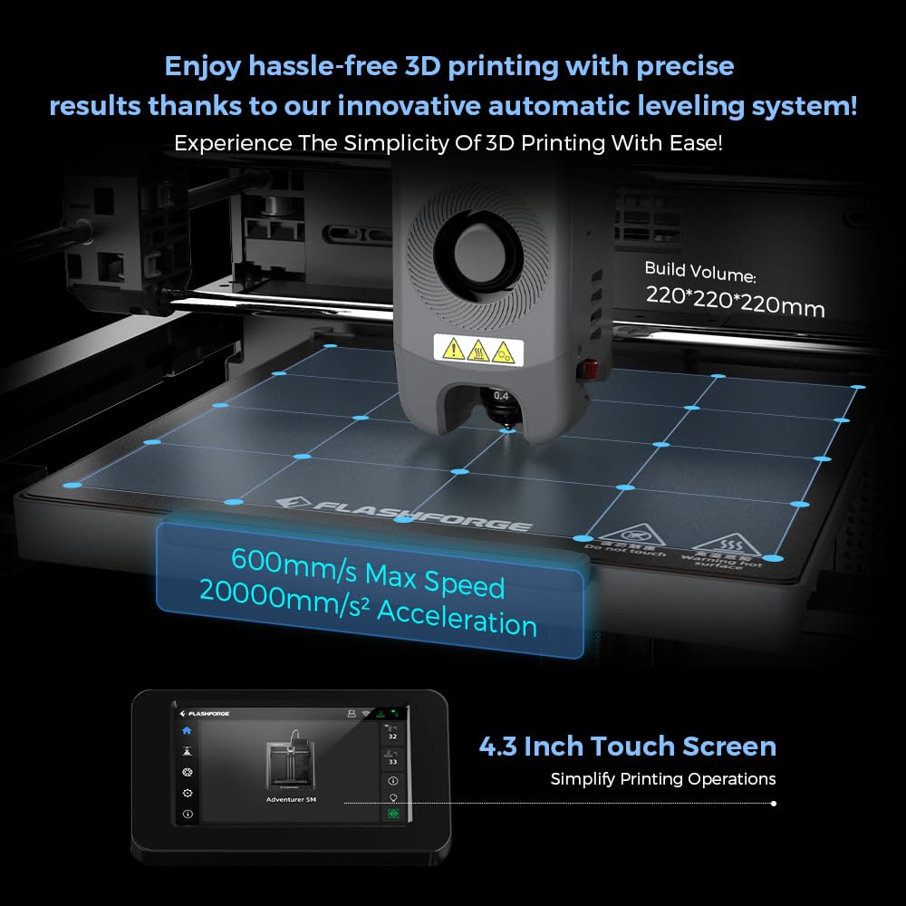 FLASHFORGE Adventurer 5M 3D Printer - 600mm/s High Speed Printing, Auto Leveling, Upgraded Direct Extruder, Quick Detachable 280°C Nozzle, Dual-Sided PEI Coating, 220x220x220mm Build Volume - Perfect for Home, School & Small Business Prototyping