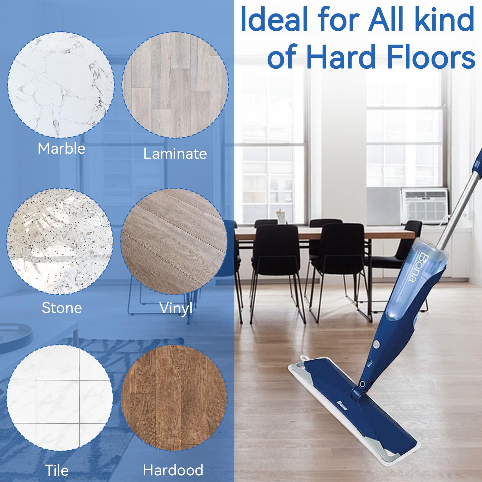 9 Pack Microfiber Mop Pads for Bona Hardwood Floor Cleaner - 18 Inch Replacement Pads (3 Deep Clean + 3 Cleaning + 3 Dusting) - Perfect for Wood Floors, Tile & Laminate Cleaning