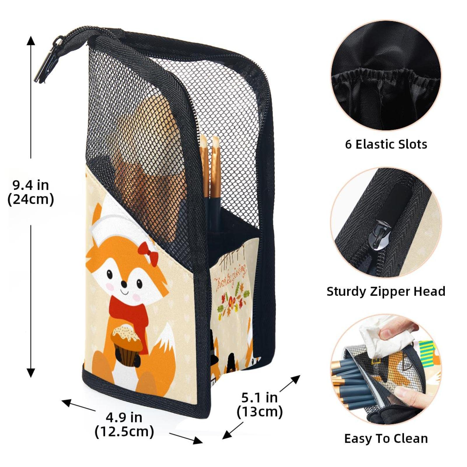 12-Piece Makeup Brush Organizer Bag with Portable Holder Case - Happy Thanksgiving Fox Family Design - Perfect for Travel, Home Vanity & Professional Makeup Artists