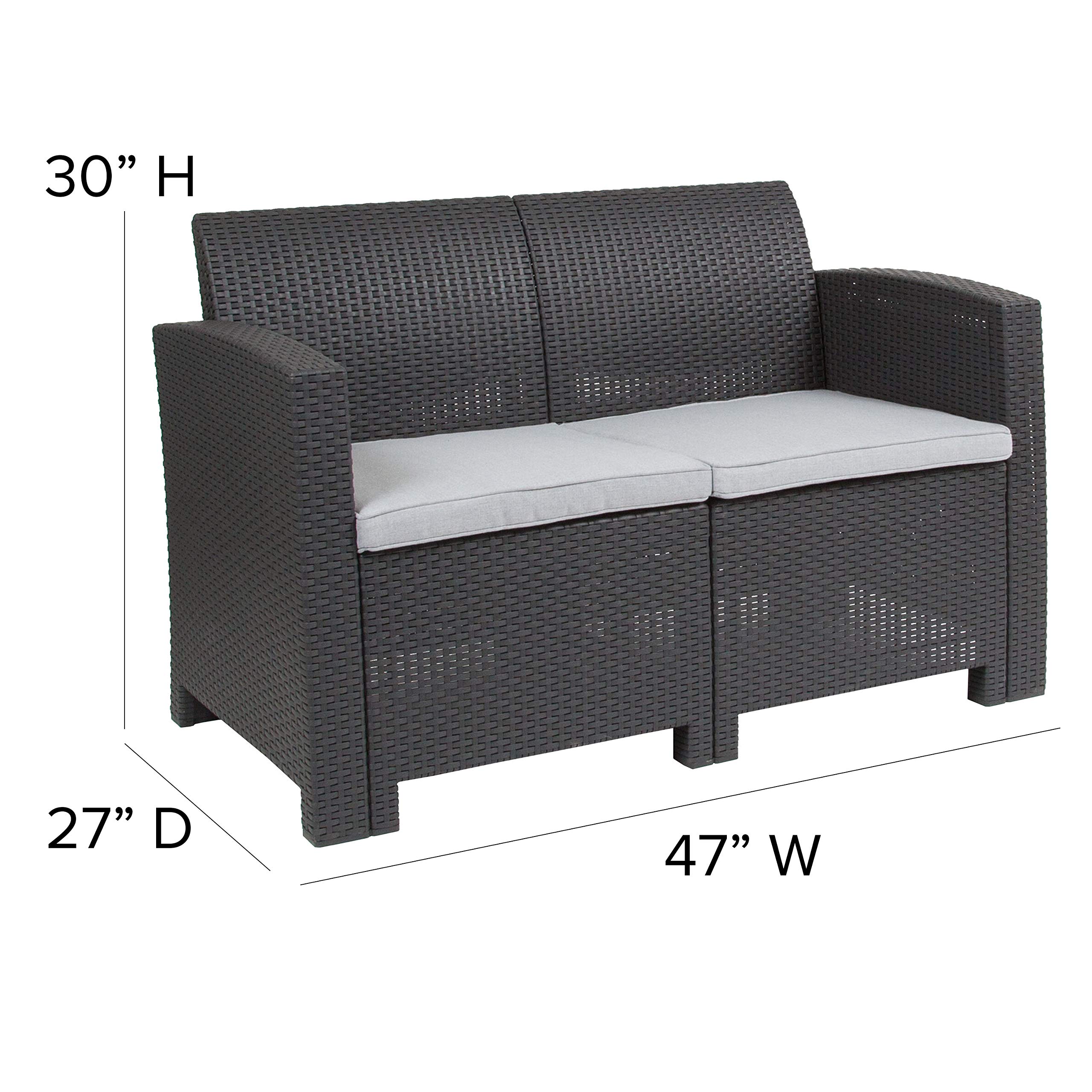 Flash Furniture Seneca Dark Gray Faux Rattan Loveseat with All-Weather Light Gray Cushions - Outdoor Patio, Garden, Poolside Seating for Backyard & Porch