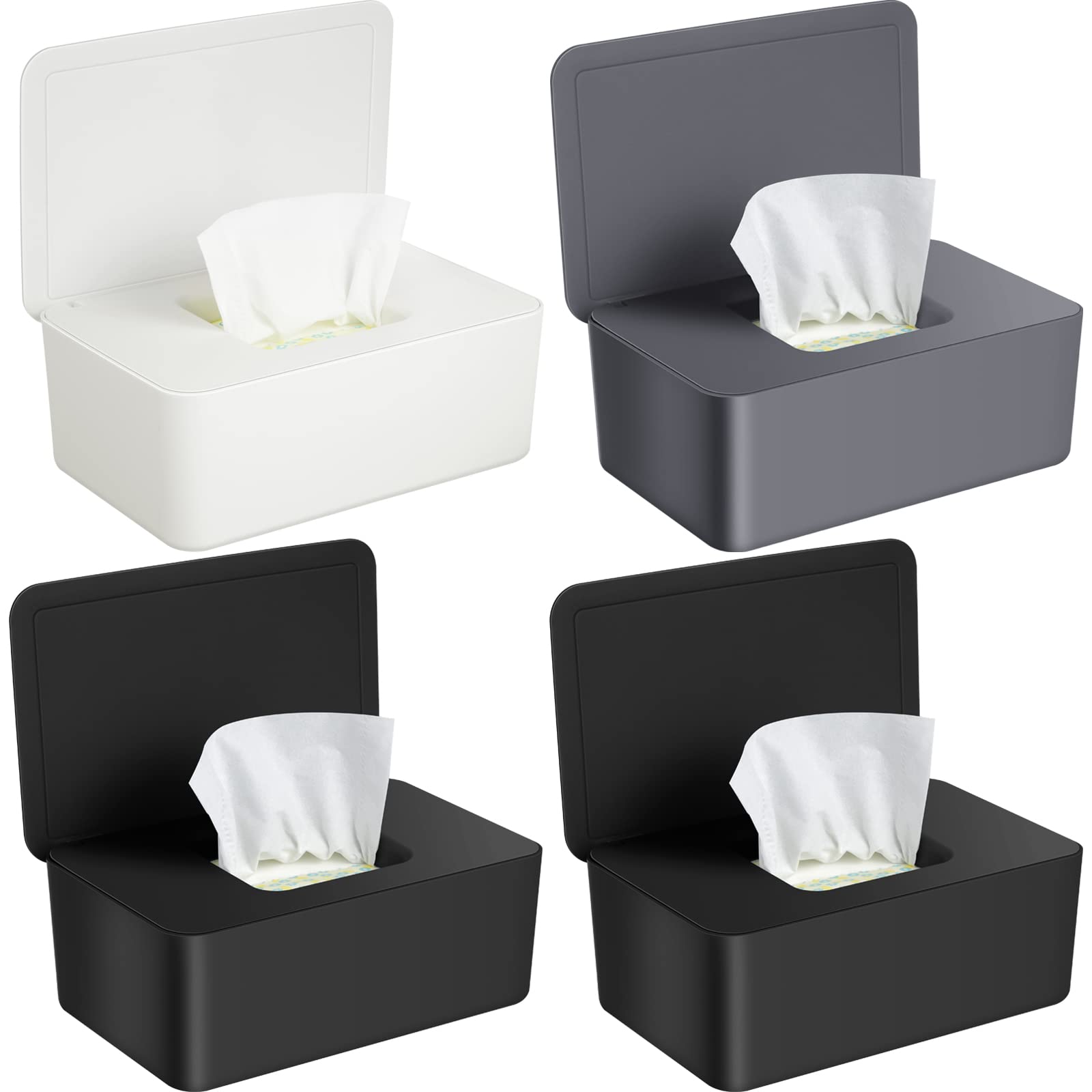 4-Pack Baby Wipes Dispenser - Moisture-Sealing Wet Wipe Container with Non-Slip Base | Easy-Open Design for Nursery, Bathroom & Diaper Changing Station | Black, White & Gray Wipe Holders for Baby Care Essentials