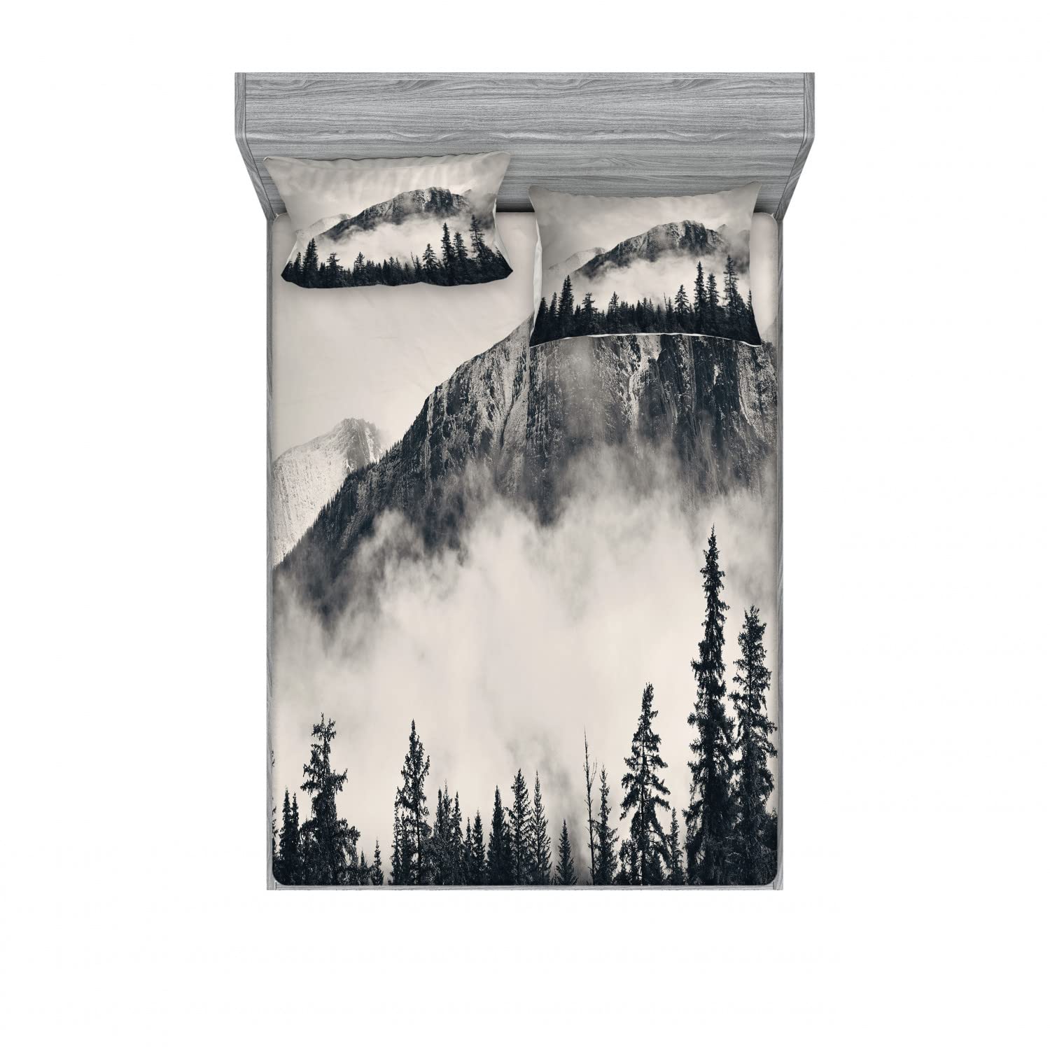 Lunarable National Parks 2-Piece Fitted Sheet & Pillow Sham Set - Smoky Mountain Cliff Design, 4-PC Bedding Decor (2 Twin XL Fitted Sheets & 2 Pillow Shams) - Black & White Scenic Print - Perfect for Camping Enthusiasts & Nature-Themed Bedrooms