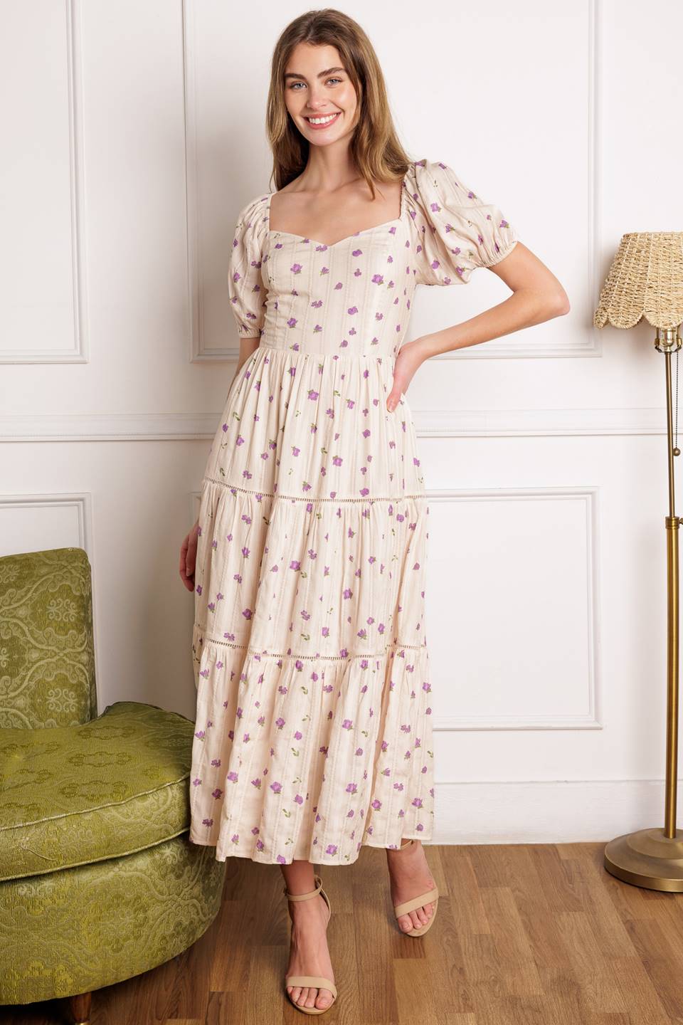 LAVENDER FIELDS Floral Print Midi Dress - Perfect for Summer Weddings, Garden Parties & Boho Chic Outfits