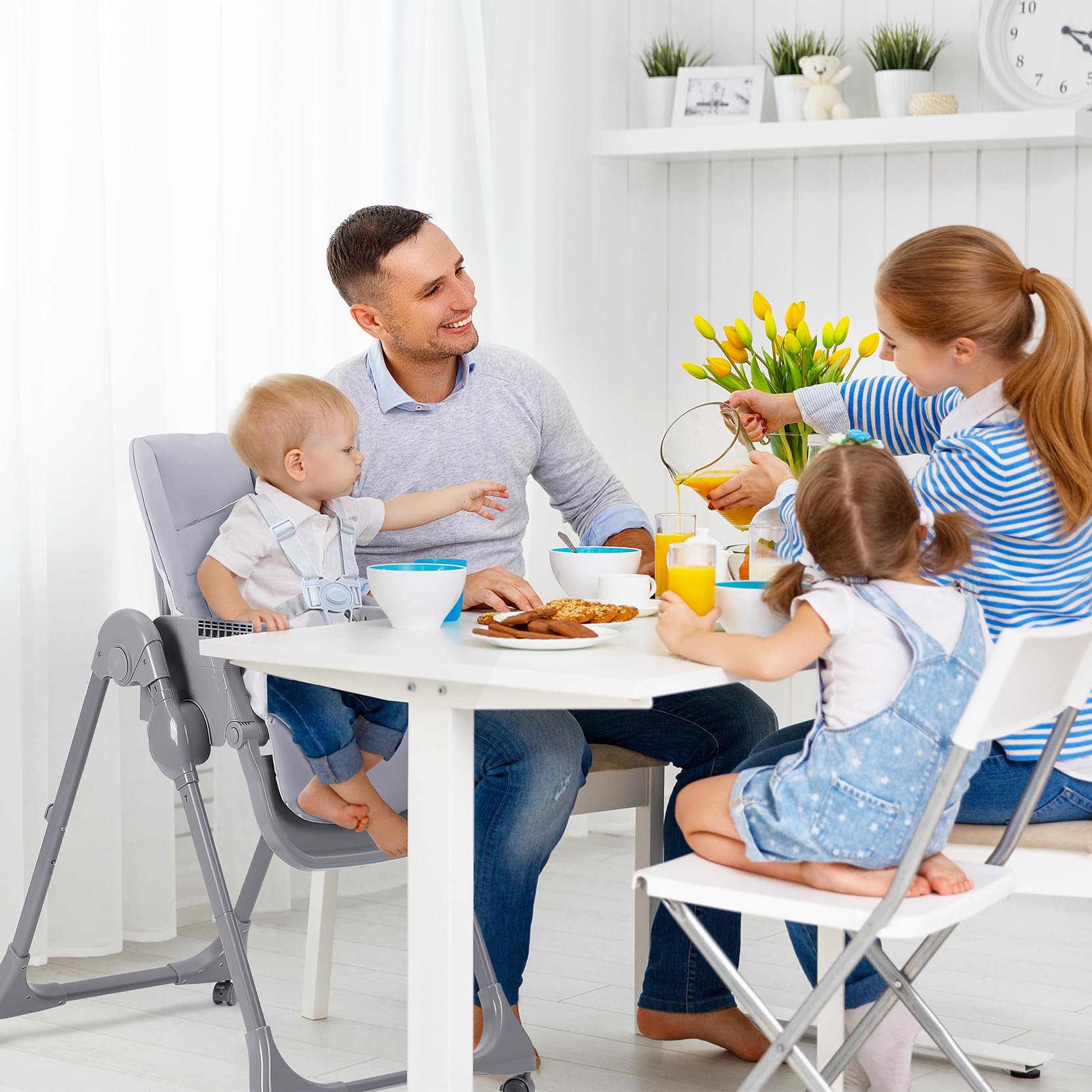 Ezebaby Adjustable Baby High Chair with Recline - Foldable, Convertible 2-in-1 Dining Booster Seat, Portable Toddler Chair with 4 Wheels & Toy Tray - Gray | Perfect for Home, Restaurants & Travel