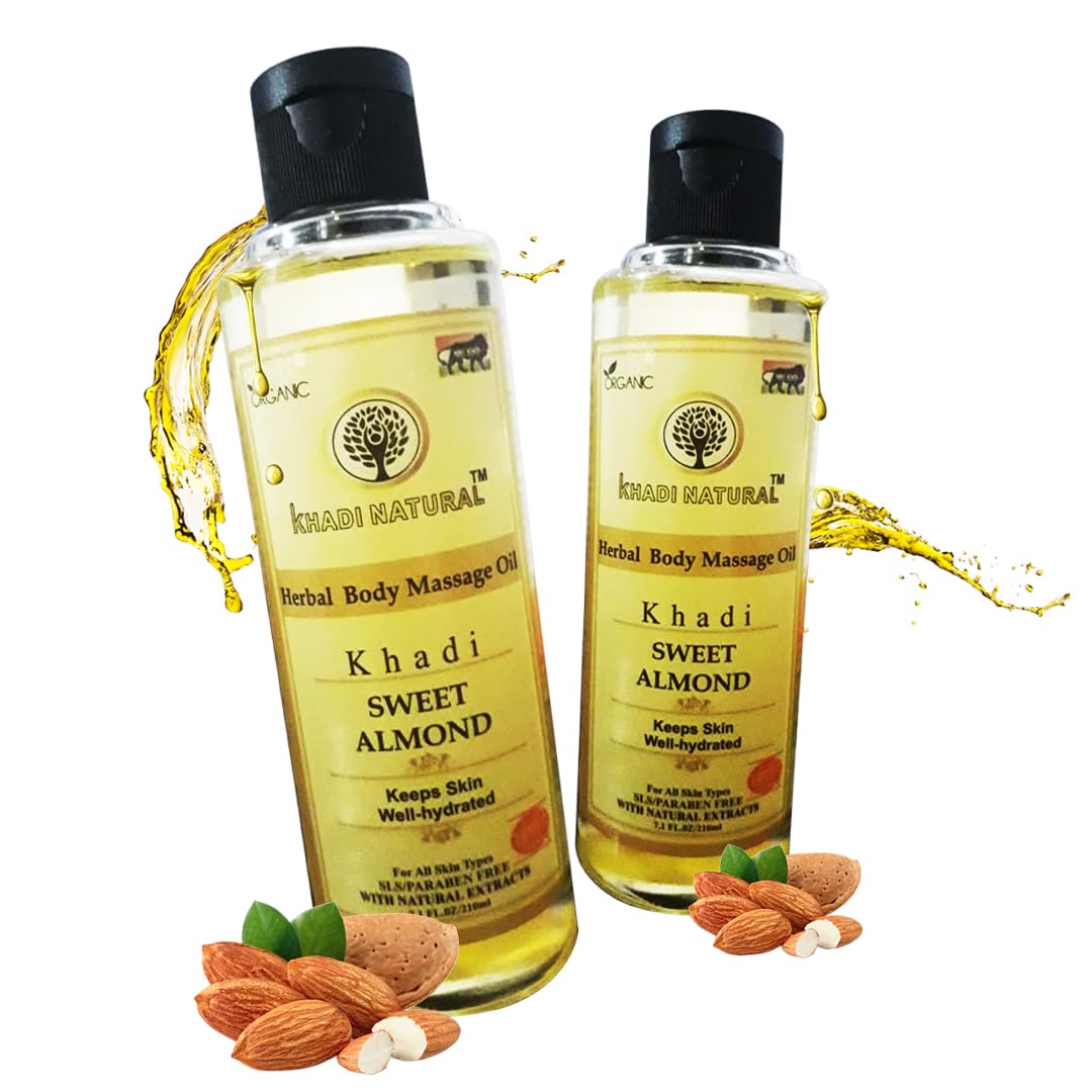 Khadi Natural Sweet Almond Hair & Body Oil - 210ml (Pack of 2) - Organic Moisturizer for Dry Skin & Damaged Hair - Perfect for Massage, Aromatherapy & Daily Hydration