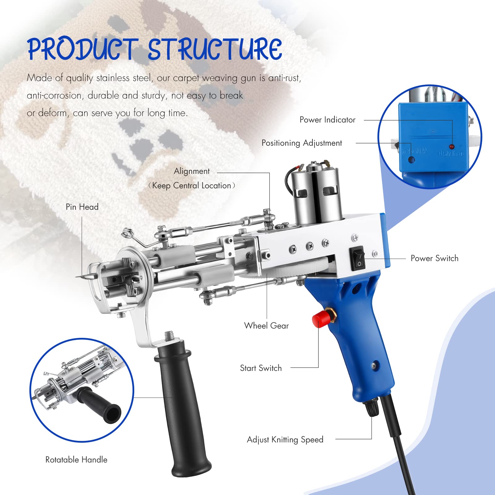 Electric Tufting Gun for Rugs & Carpets - 100V-240V Cut Pile Rug Tufting Tool with Loop Function, Handheld Punch Needle Embroidery Machine (Blue) - Perfect for DIY Home Decor, Craft Projects & Professional Carpet Weaving