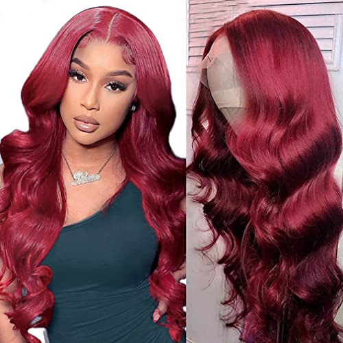 13x4 HD Transparent Lace Front Human Hair Wig - 99J Body Wave 150% Density Pre-Plucked with Baby Hair | Glueless Burgundy Wine Red Lace Wig for Black Women | Natural Hairline, 26 Inch Length | Perfect for Daily Wear, Parties, Weddings & Special Occasions
