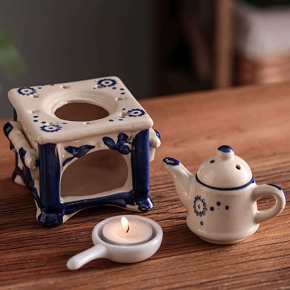 WAYUTO 5.3 Inch Ceramic Essential Oil Diffuser with 10 Candles - Aromatherapy Oil Warmer Wax Melt Burner Tealight Holder for Home, Spa, Yoga & Meditation - Perfect for Valentine's Day, Bedroom, Balcony Decor (Beige)