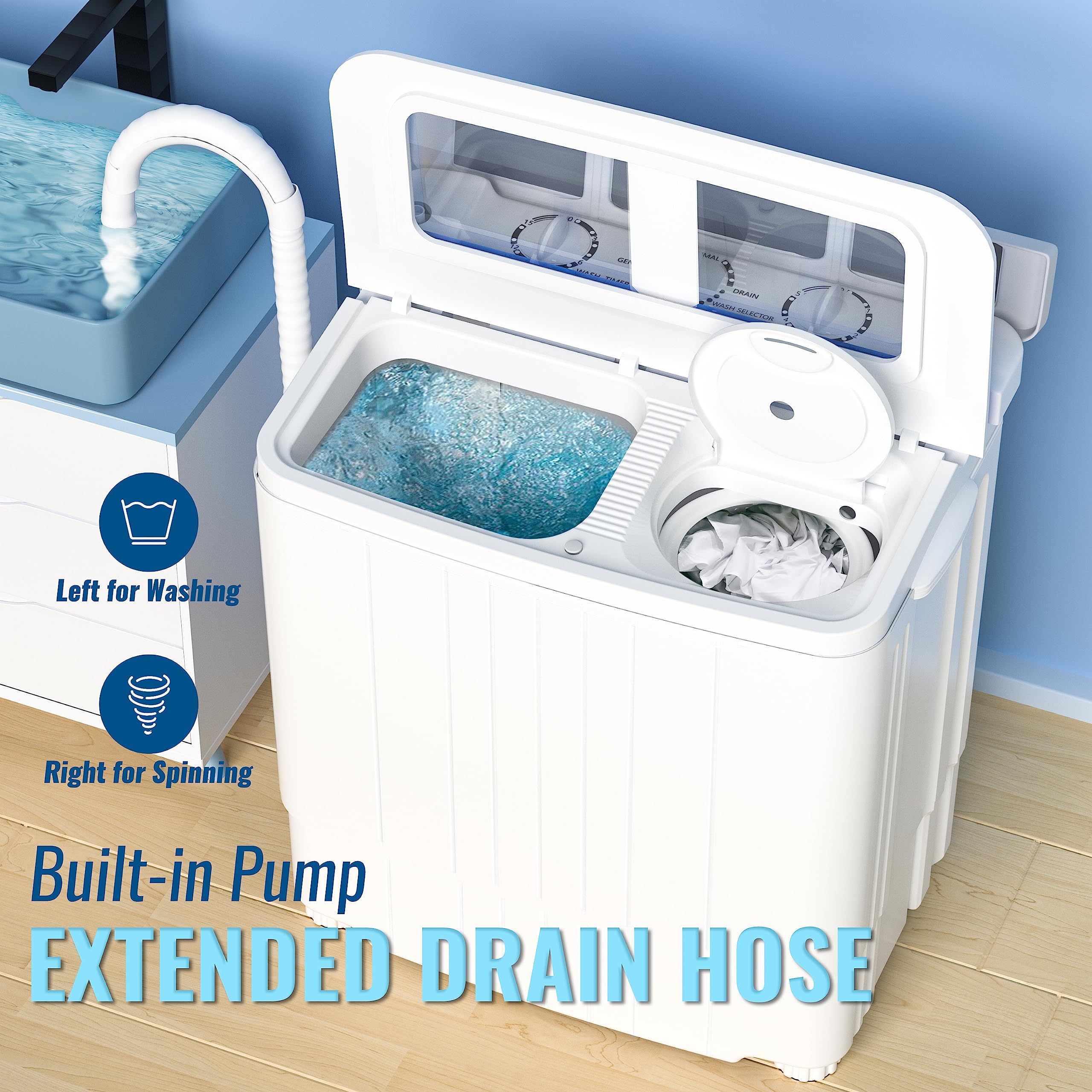 INTERGREAT Portable Washer and Dryer Combo - 17.6 lbs Mini Twin Tub Washing Machine with Spin Dryer | Compact Laundry Solution for Apartments, Dorms, RVs & Camping | Perfect for Small Spaces & Travel (Blue)