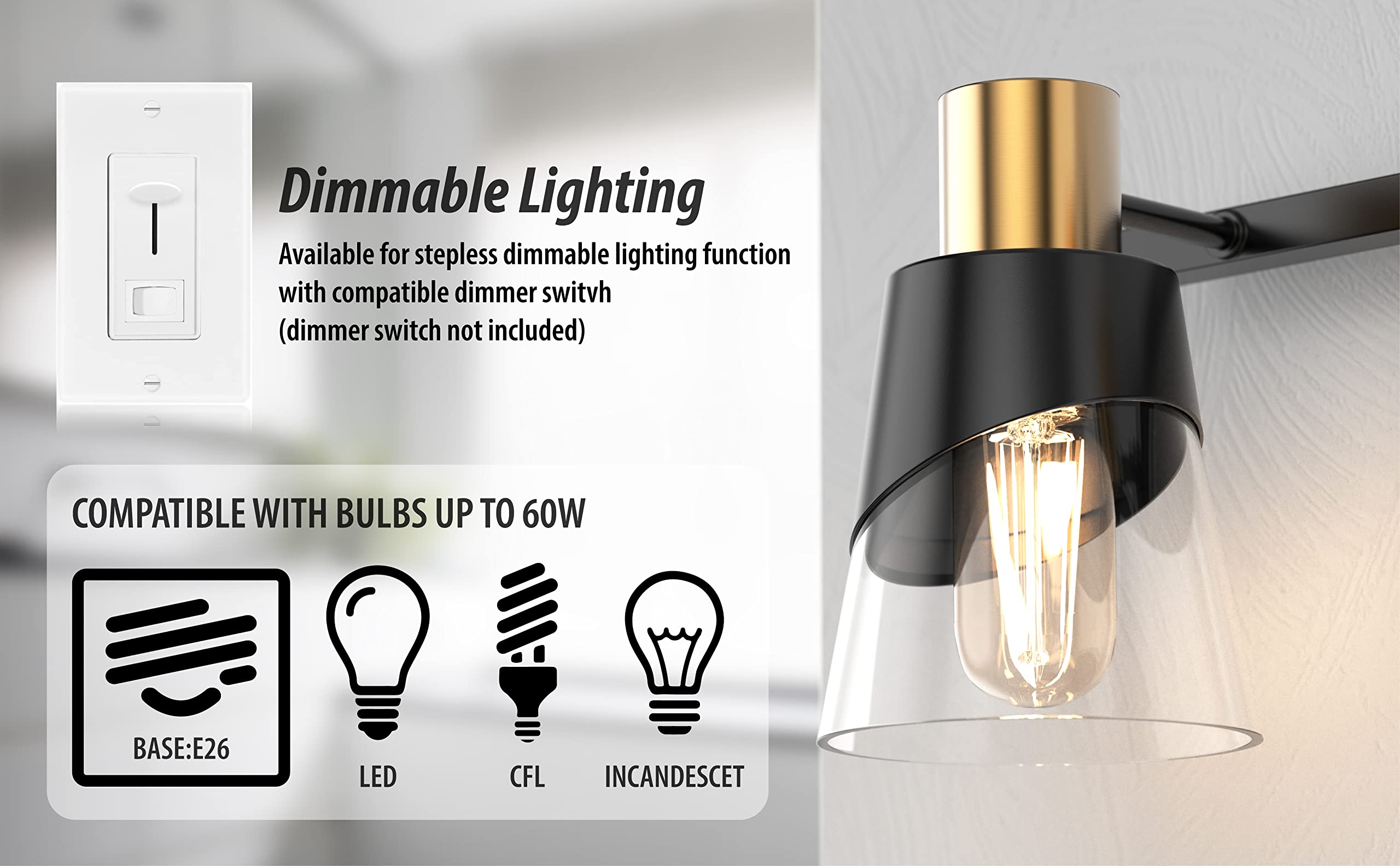 URSOLA 4-Light Bathroom Vanity Lighting Fixture - 28.34 Inch Black & Gold Wall Sconce with Beveled Edge & Clear Glass Shade - Perfect for Bathroom Mirror Lighting, Powder Room, and Spa-Like Ambience