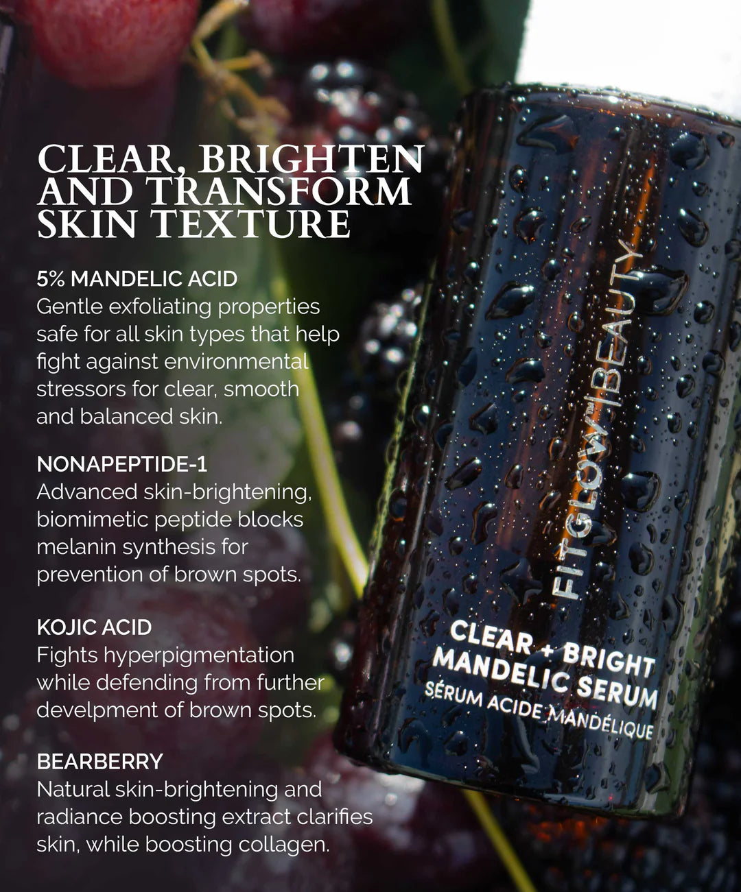 Fitglow Beauty Clear + Bright Mandelic Serum Drops for Acne-Prone Skin - Exfoliating Facial Treatment with Mandelic Acid for Brighter, Smoother Complexion | Perfect for Nighttime Skincare Routine & Hyperpigmentation Care