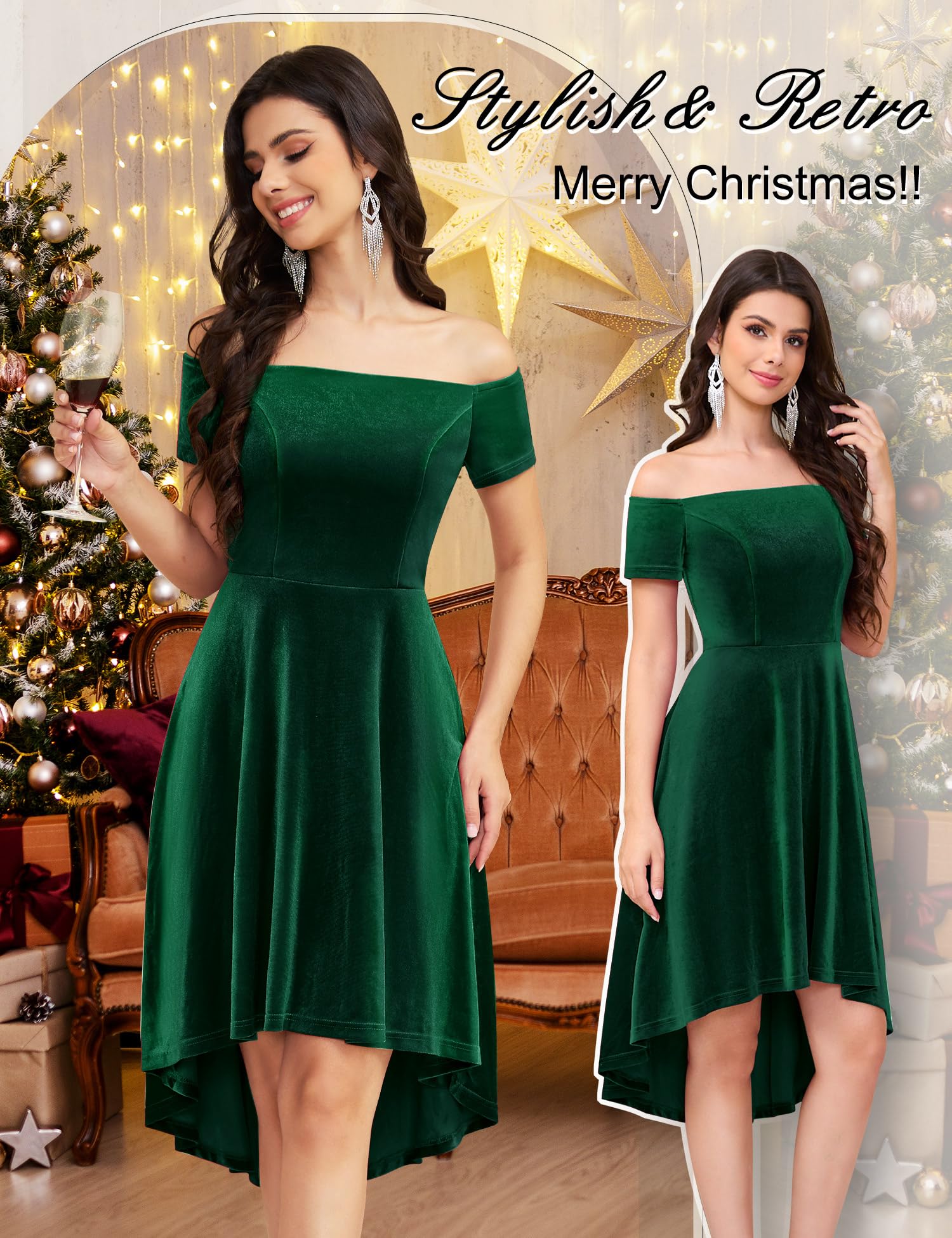Elegant Off Shoulder Velvet High Low Evening Dress for Women 2024 - Cocktail Party, Formal Prom, Wedding Guest Dress | Perfect for Special Occasions & Night Out Events