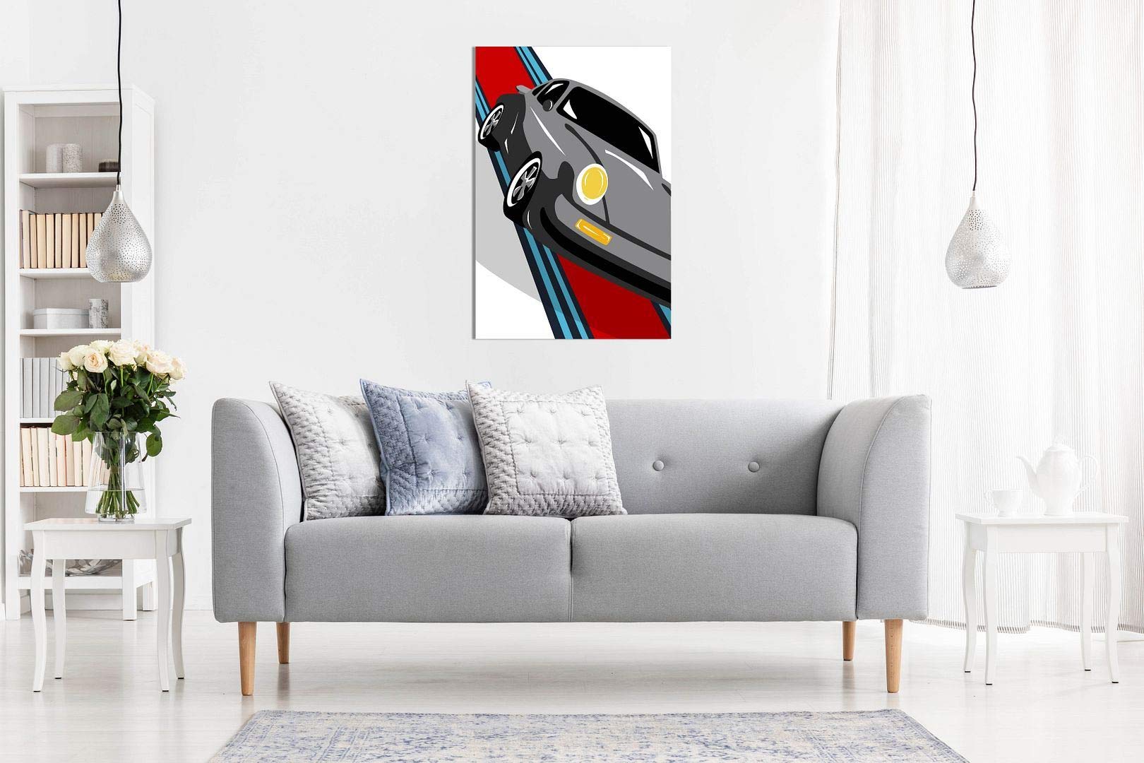 Grey Porsche Pop Art Abstract Garage Canvas Wall Art Print - 24x16 Inches - Modern Home Decor for Living Room, Bedroom & Office