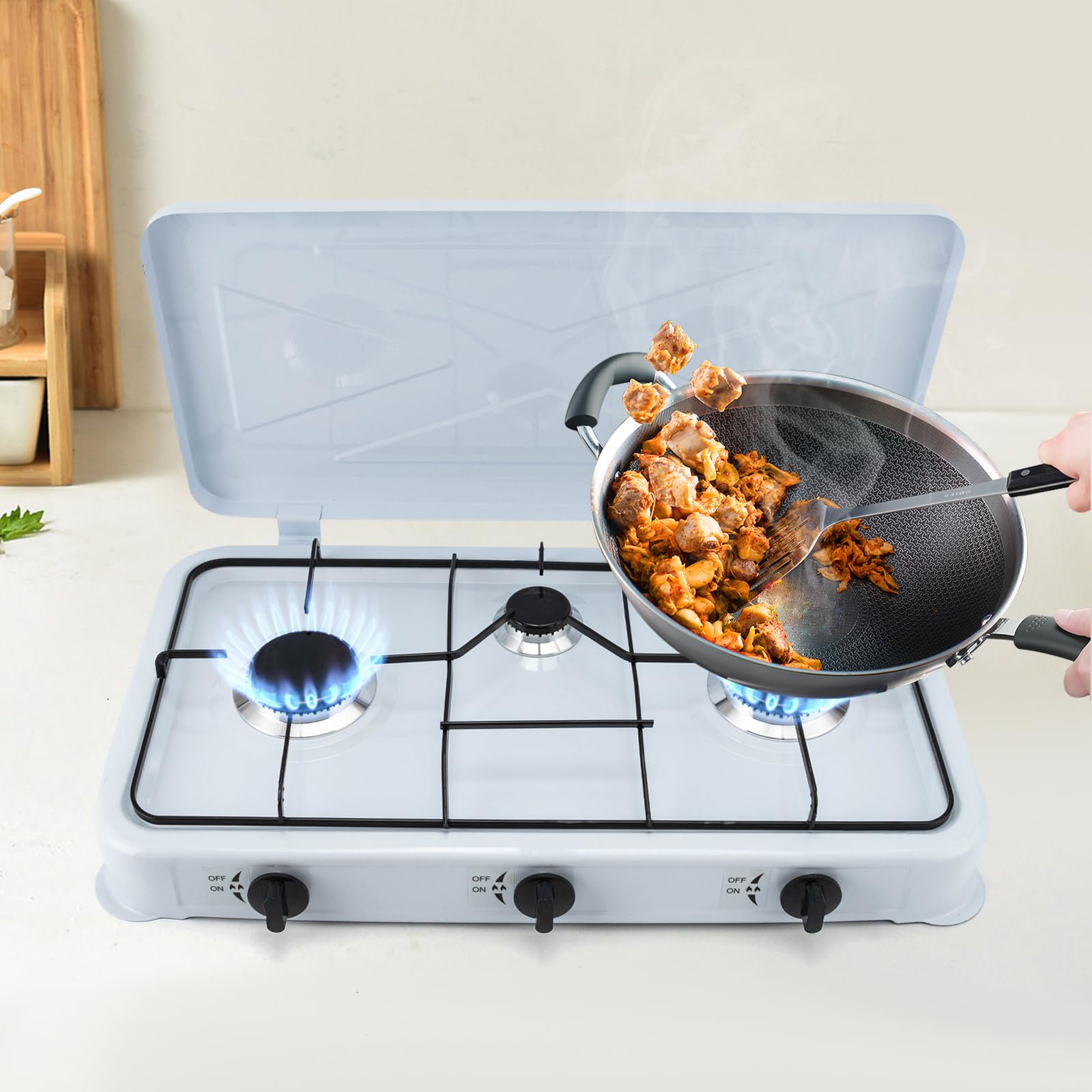 3 Burner Propane Gas Cooktop with Wind Blocker - Portable Camping Stove with Auto Ignition for RV, Apartment & Outdoor Cooking | Perfect for Camping Trips, Tailgating & Emergency Preparedness