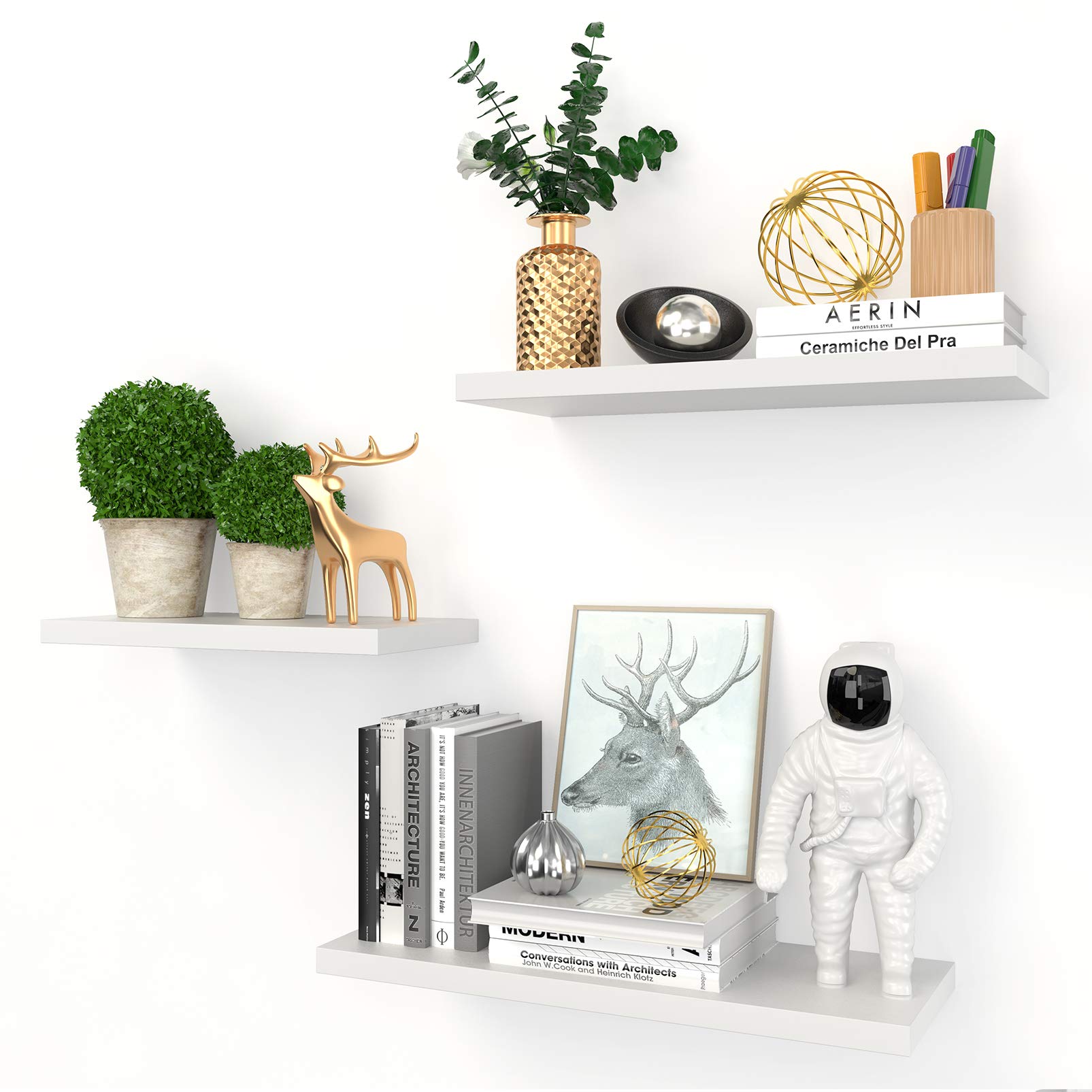EEFOW White Floating Shelves Wall Mounted - Set of 3 Modern Wooden Ledge Shelves for Home Decor | Invisible Storage Display Shelf for Bedroom, Living Room, Office & Kitchen | Perfect for Books, Plants, Photos and Decorative Items