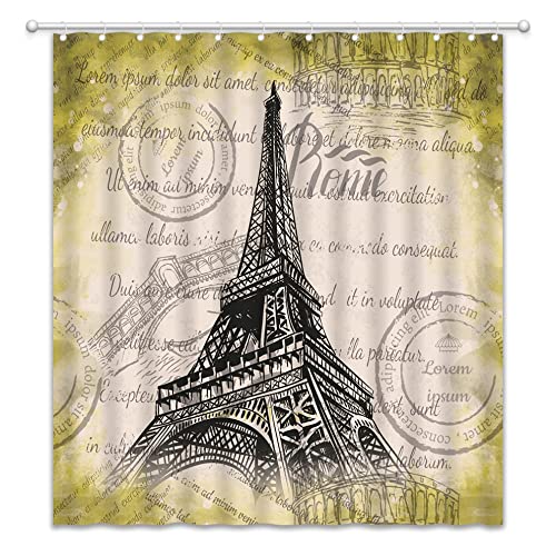 Vintage Eiffel Tower Shower Curtain - Hand-Painted Parisian Art, Retro French Landmark Design with Hook for Bathroom Decor | Perfect for Paris-Themed, Romantic or Vintage Style Bathrooms