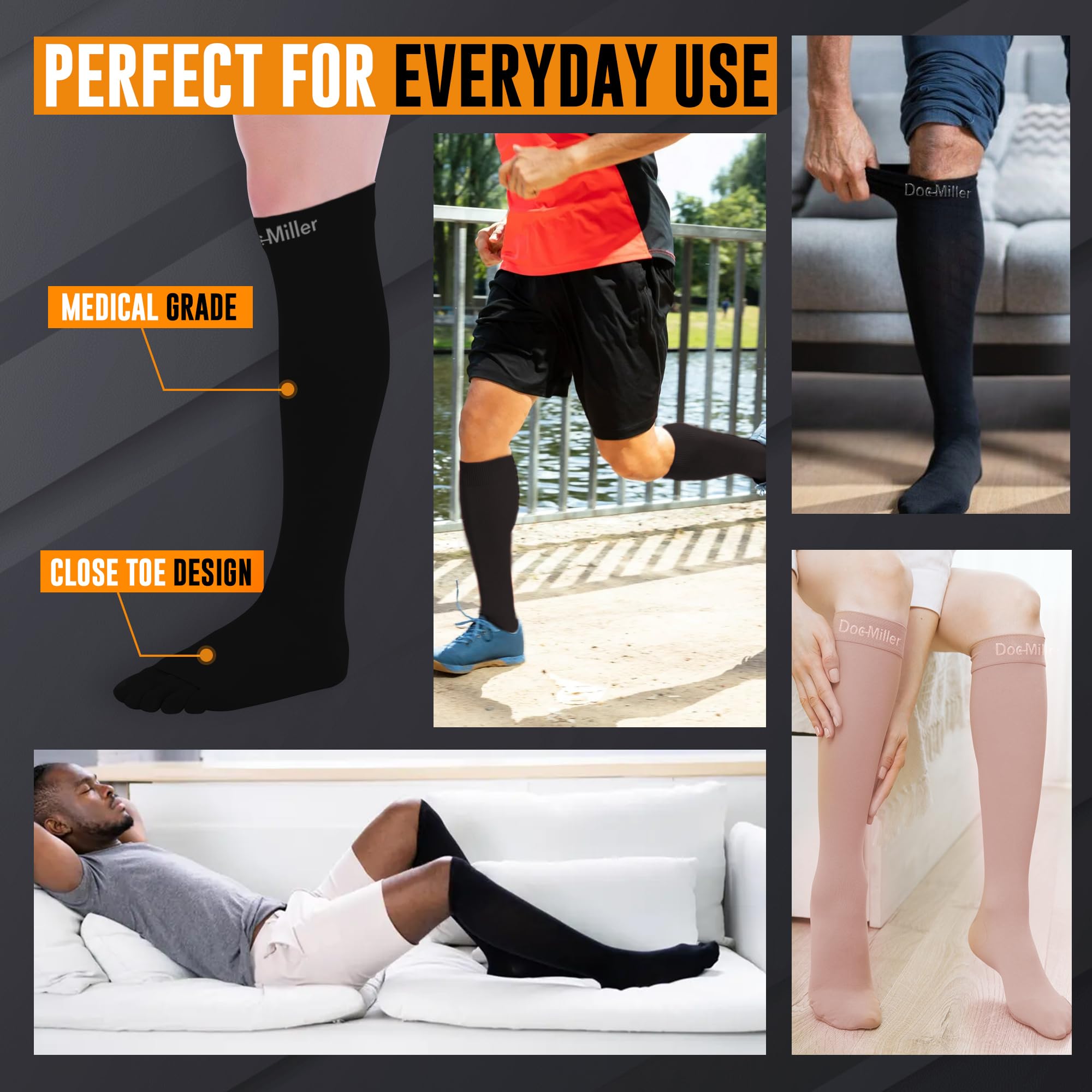 Doc Miller 20-30mmHg Graduated Compression Socks for Women & Men - Medical Grade Support for Varicose Veins, Swelling & Improved Blood Circulation (Black, X-Large) - Perfect for Travel, Nursing & Long Work Shifts
