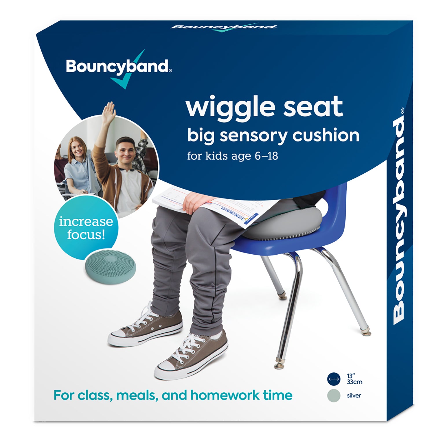 Bouncyband Big Wiggle Seat Sensory Cushion for Kids - Active Sitting Classroom Chair Alternative - Improves Focus & Fidgeting (Silver) - Perfect for ADHD, Autism & School Use