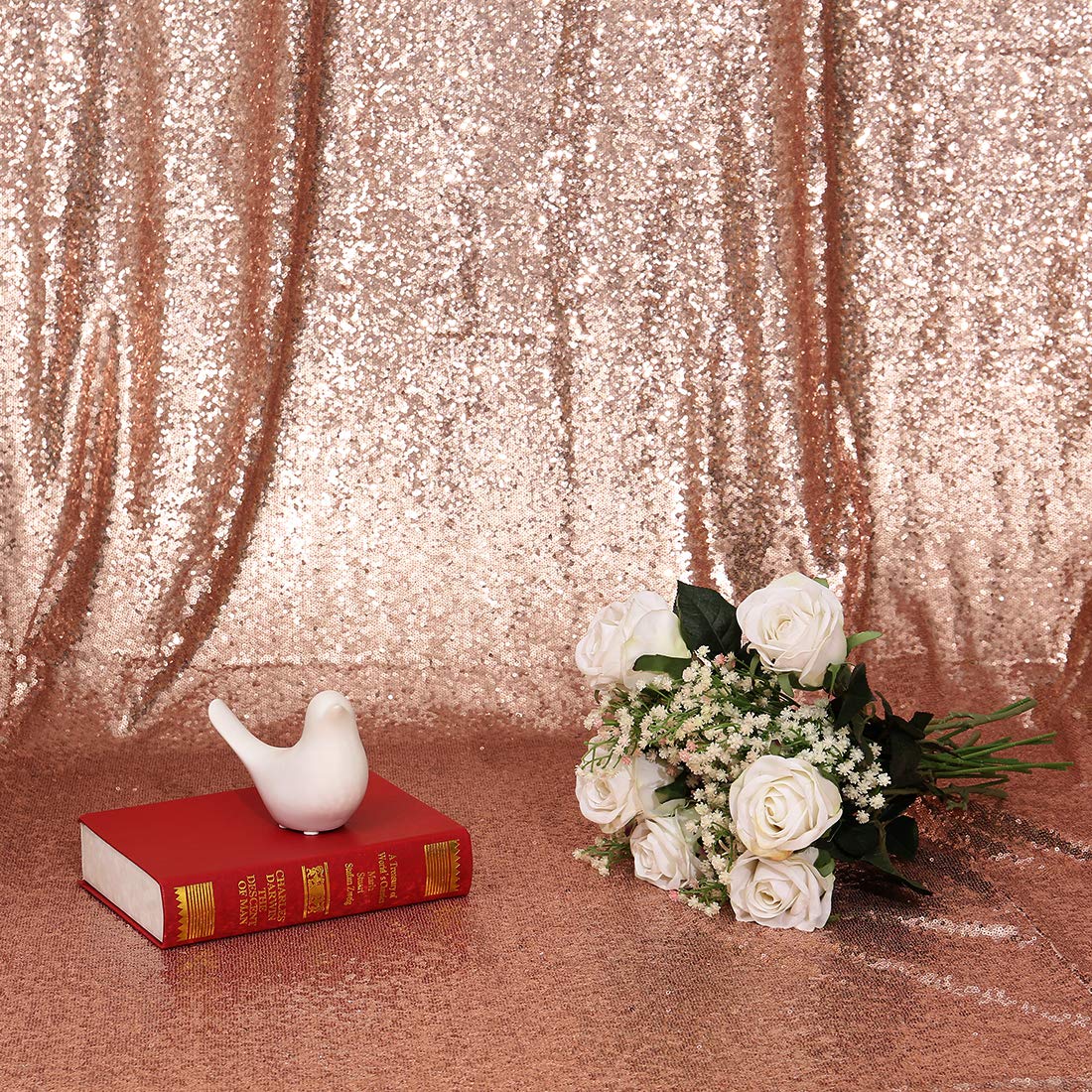 Poise3EHome 4FT x 7FT Rose Gold Sequin Backdrop Curtain for Photography, Party Decorations, Weddings & Events - Glamorous Photo Booth Background & Wall Decor