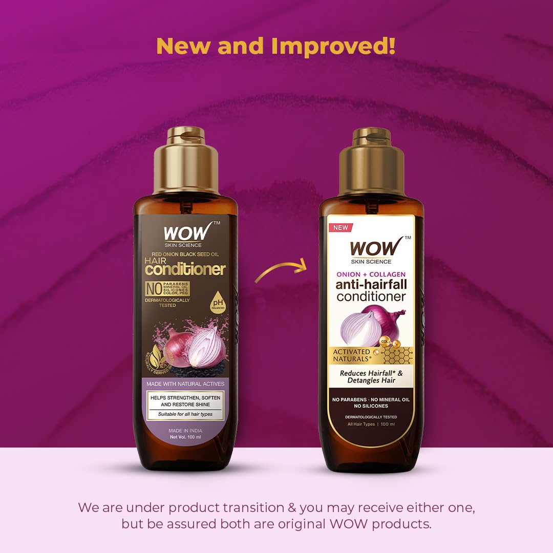 WOW Skin Science Onion Conditioner with Red Onion Seed Oil, Black Seed Oil & Pro-Vitamin B5 - Paraben-Free, Silicone-Free, Color-Free Hair Treatment (100mL) - Promotes Hair Growth & Reduces Hair Fall for Damaged & Dry Hair