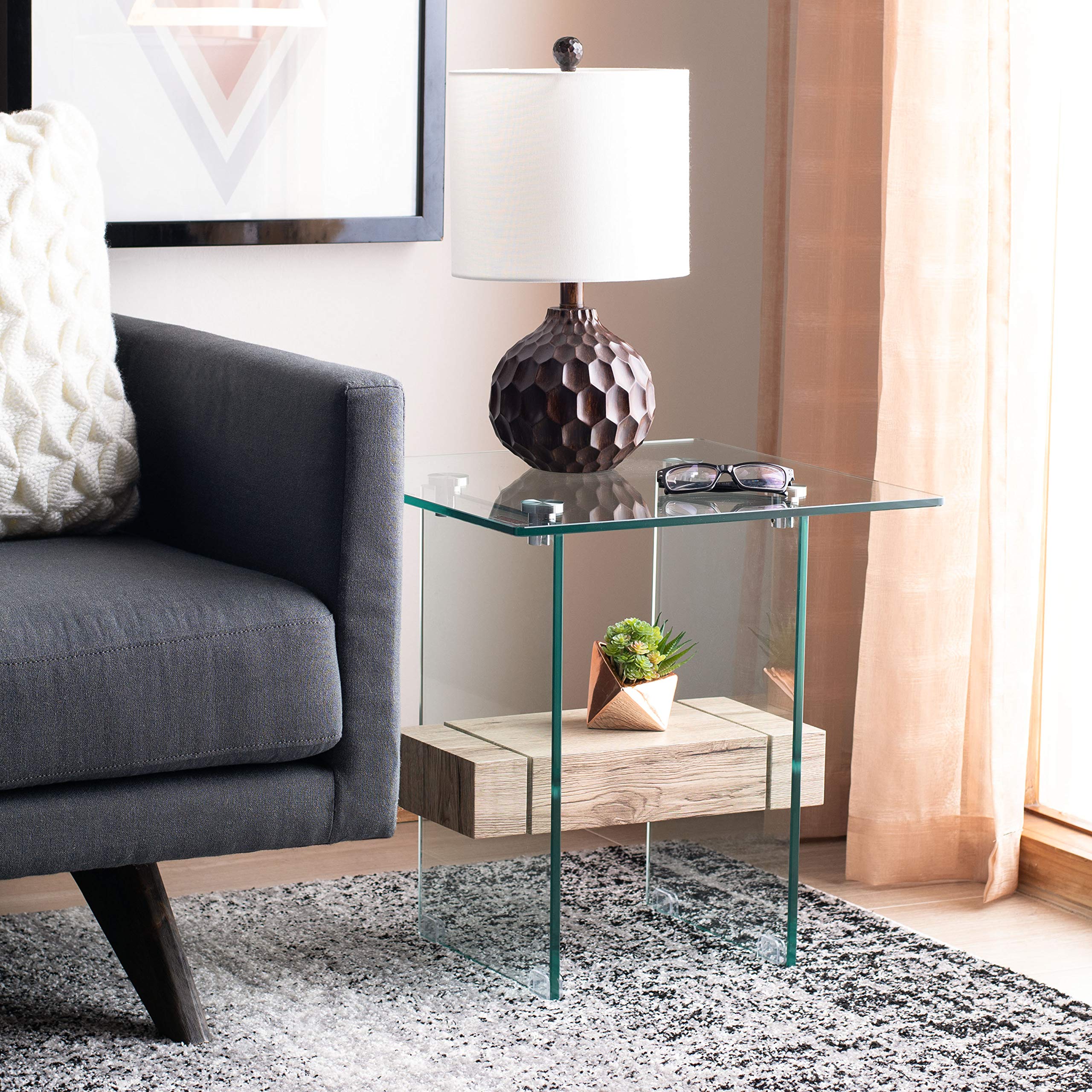 Safavieh Kayley Glass and Natural Wood Accent Table - Modern Side Table for Living Room, Bedroom, or Office Decor