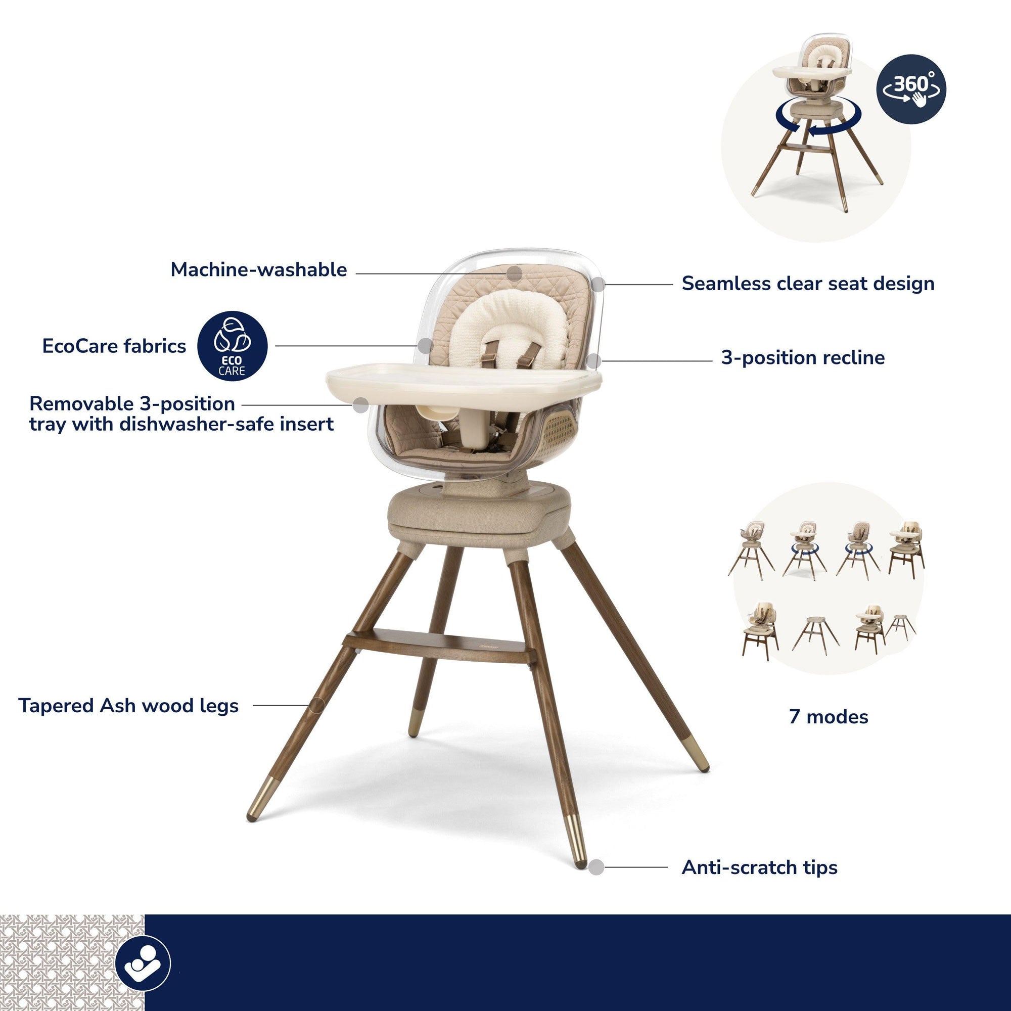 Maxi Cosi Kiskadee 360 Rotating High Chair - Adjustable Baby Feeding Seat with 5-Point Harness & Easy Clean Tray | Perfect for Dining, Weaning & Family Mealtime