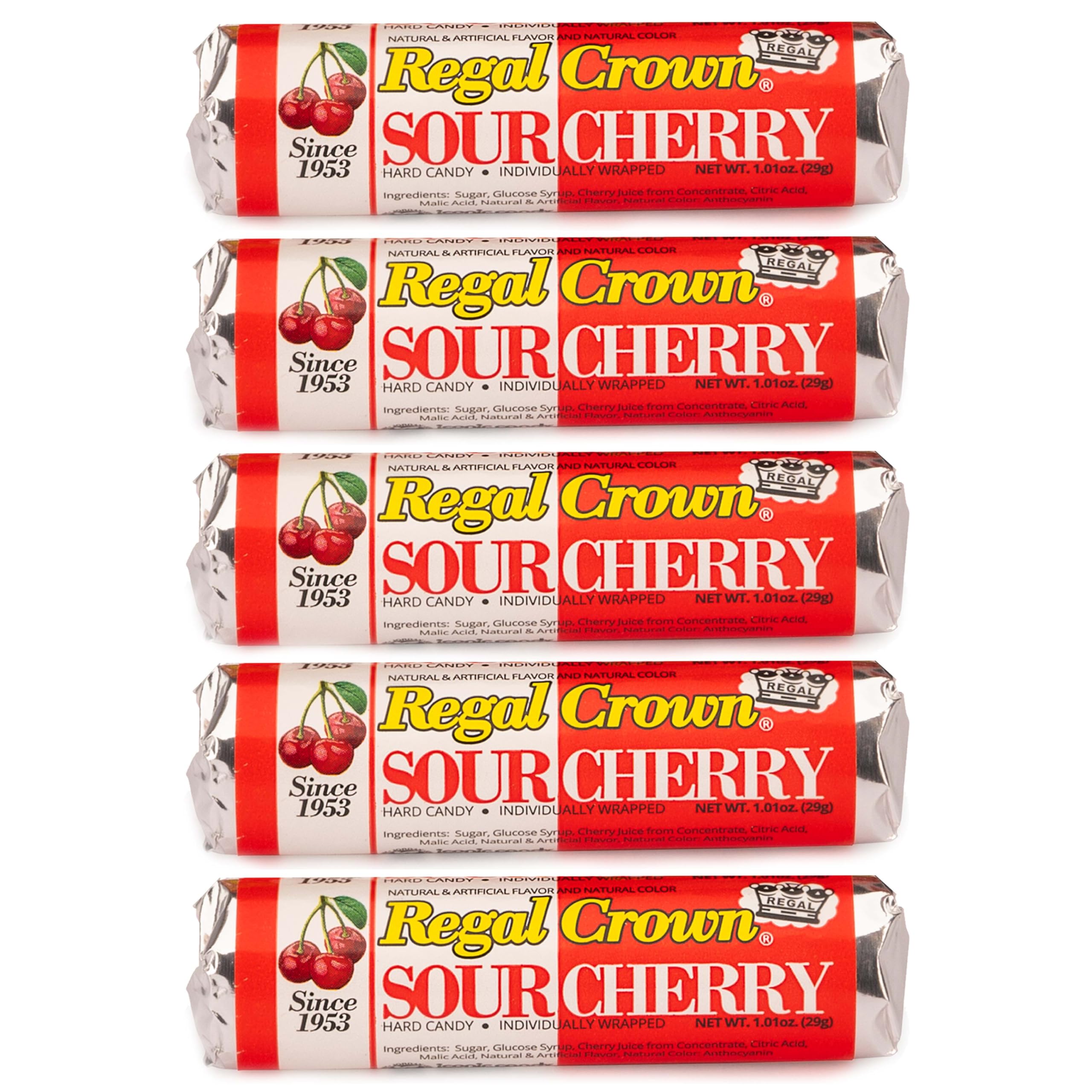 Regal Crown Roll Sour Cherry Candy - 1.01oz (Pack of 5) - Tart & Tangy Hard Candies by The Hampton Candy Company - Perfect for Parties, Movie Nights & Office Snacks