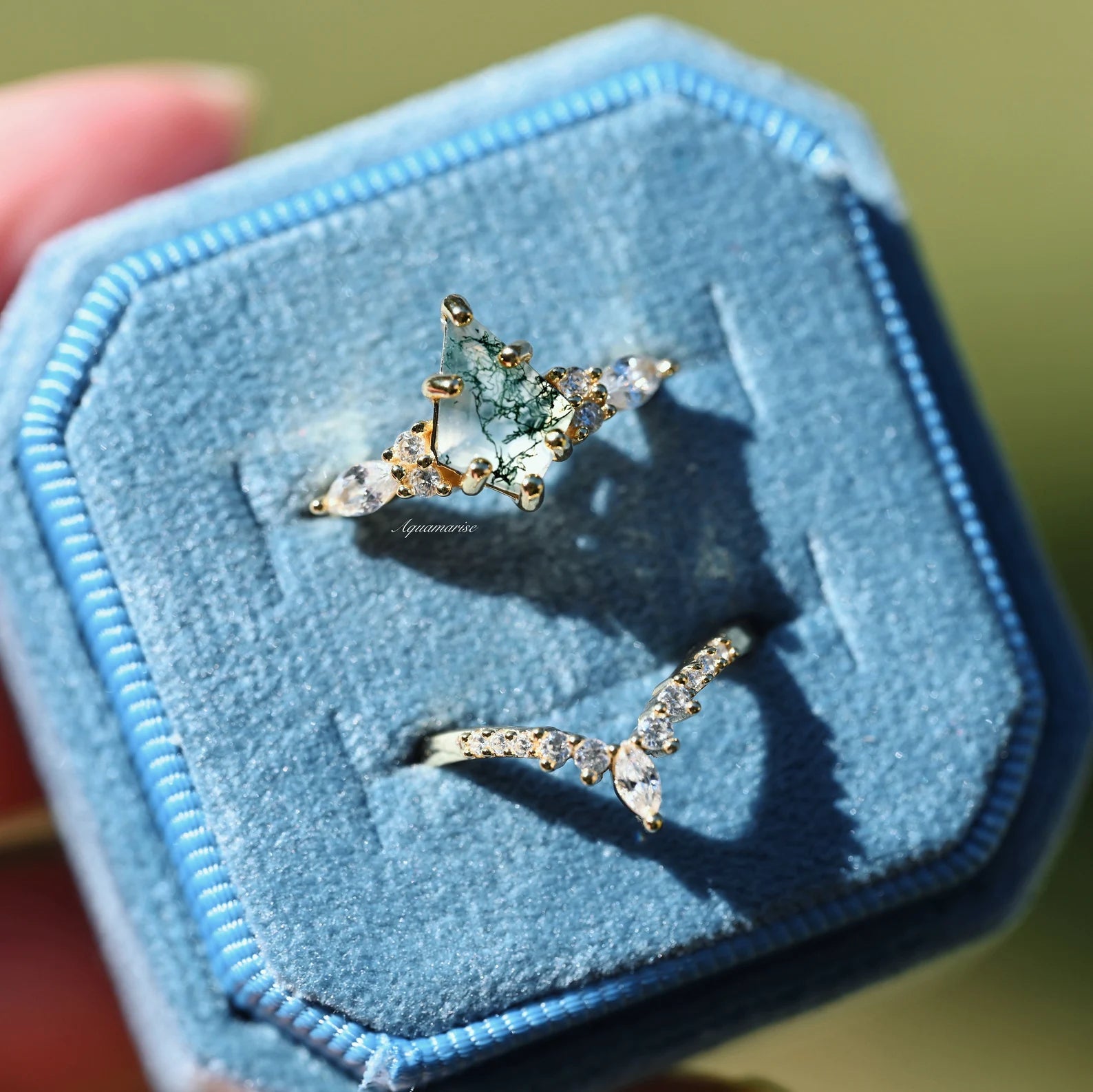 Skye Kite™ Green Moss Agate Ring Set in 14K Yellow Gold Vermeil - Elegant Stackable Rings for Women, Perfect for Everyday Wear, Gift Giving & Special Occasions