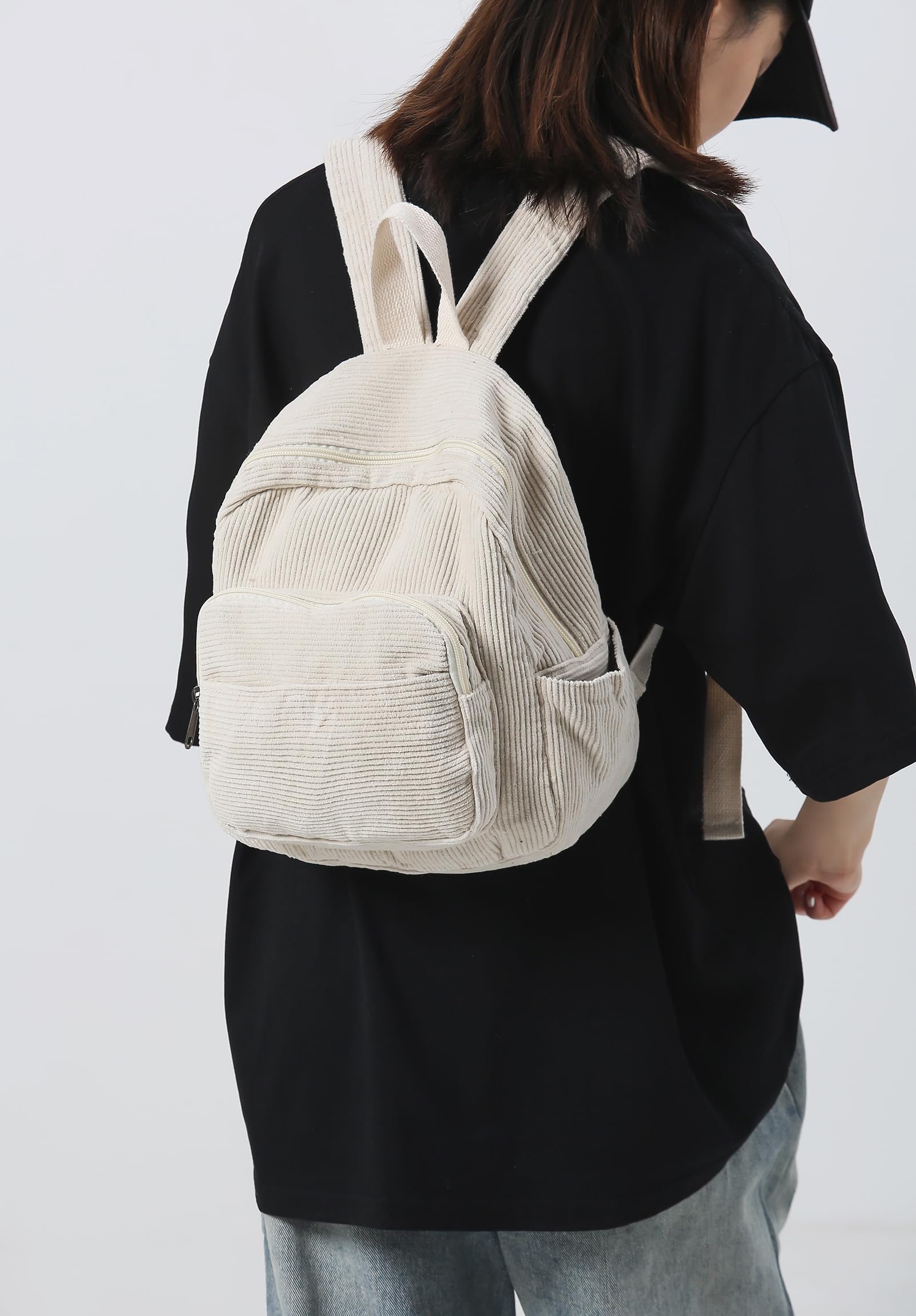 Mini Backpack for Women & Girls - Small Cute Corduroy Bookbag with Bear Pendant - Perfect for School, Travel & Daily Use - Great Gift Idea