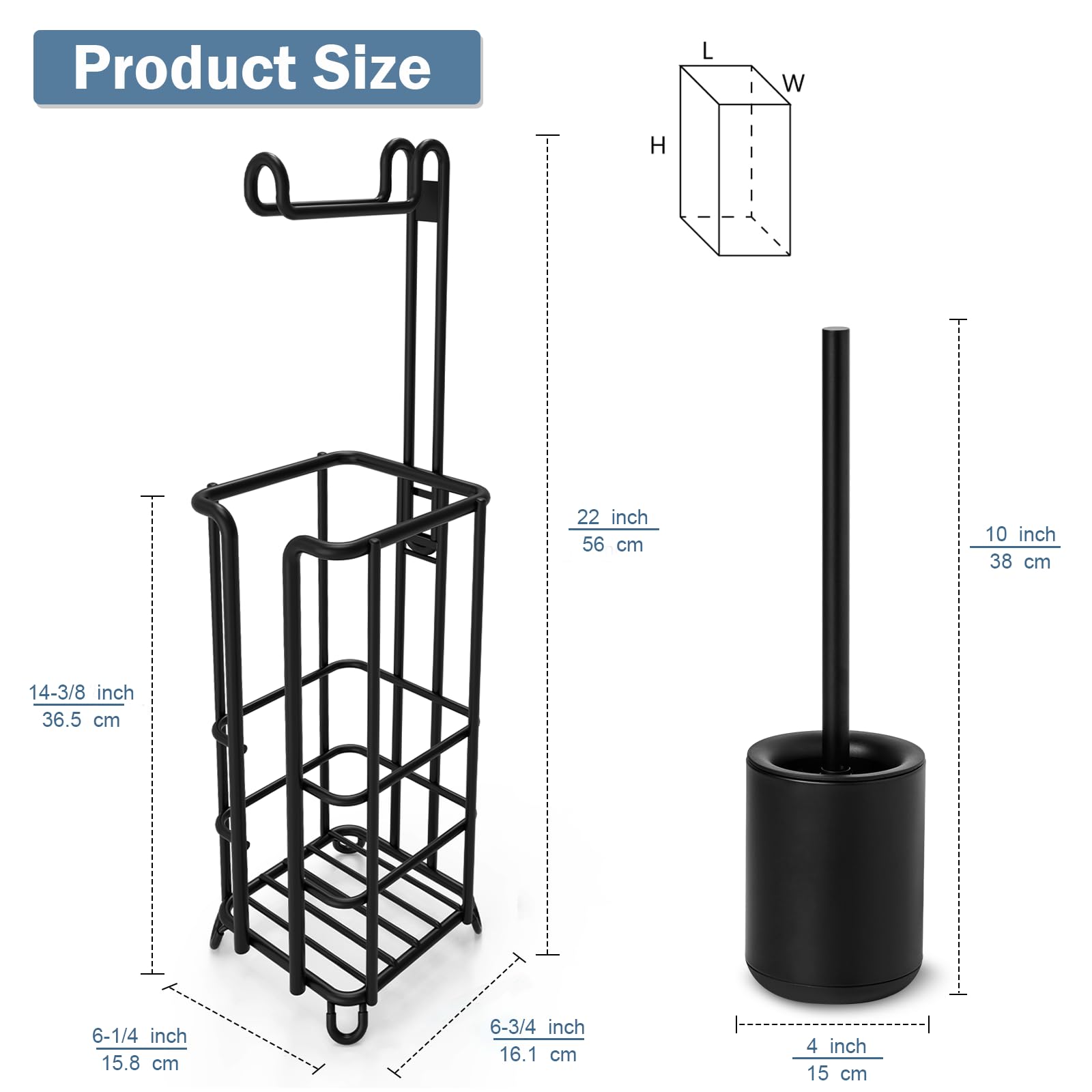 Free Standing Toilet Paper Holder Stand with Toilet Brush Set - Black Bathroom Tissue Roll Dispenser for Home, Office & RV Use