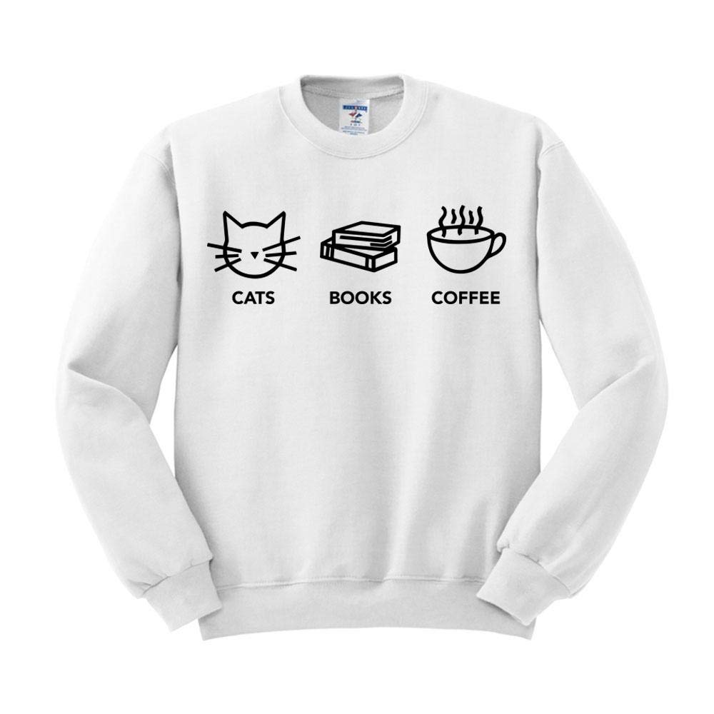 Unisex Cats Books and Coffee Sweatshirt - Cozy Pullover for Cat Lovers, Bookworms & Coffee Enthusiasts - Perfect for Reading, Relaxing & Casual Outings