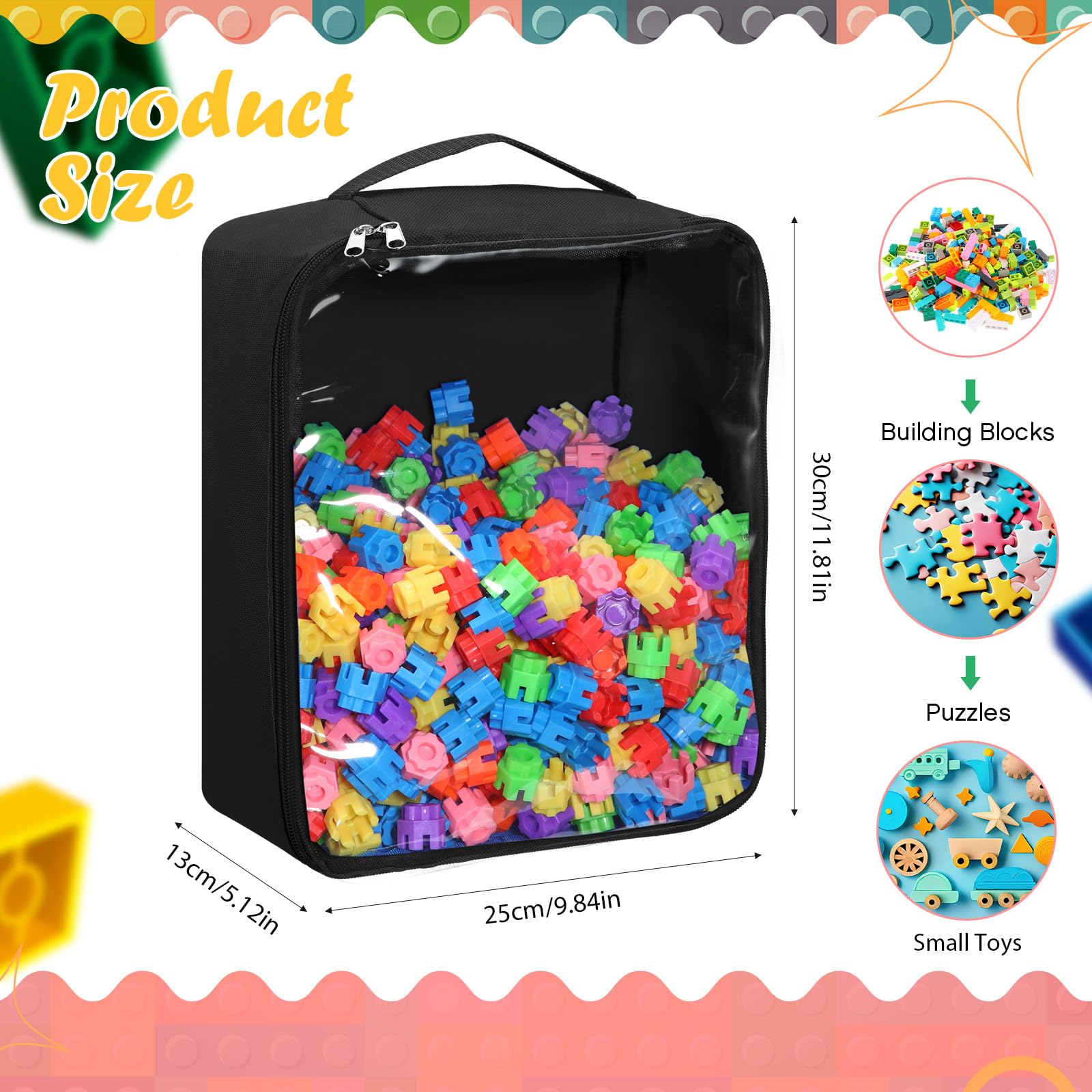 6-Pack Large Reusable Oxford Fabric Toy Storage Bags with Clear PVC Window - Organizer for Building Blocks, Puzzles & Board Games - Perfect for Kids' Room, Playroom & Travel Organization (Black)
