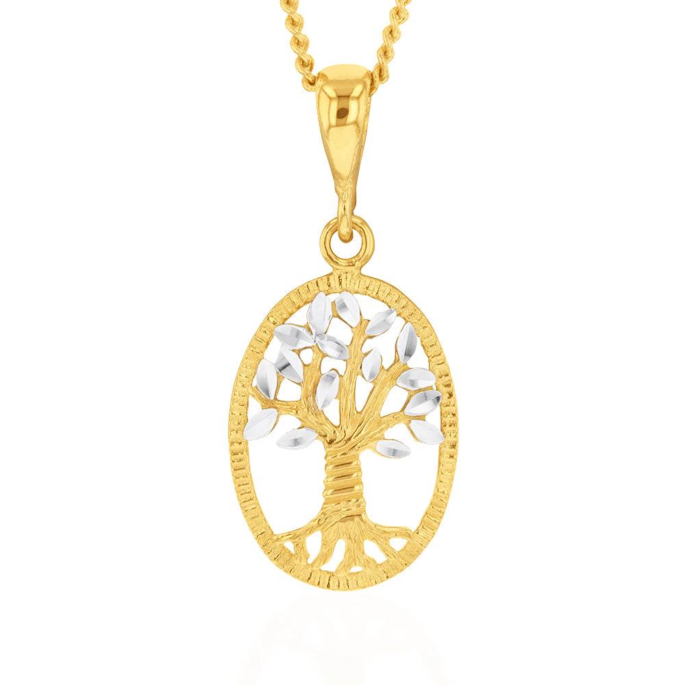 9ct Yellow & White Gold Tree of Life Diamond-Cut Pendant Necklace - Elegant Jewelry for Women, Perfect Gift for Birthday, Anniversary & Special Occasions