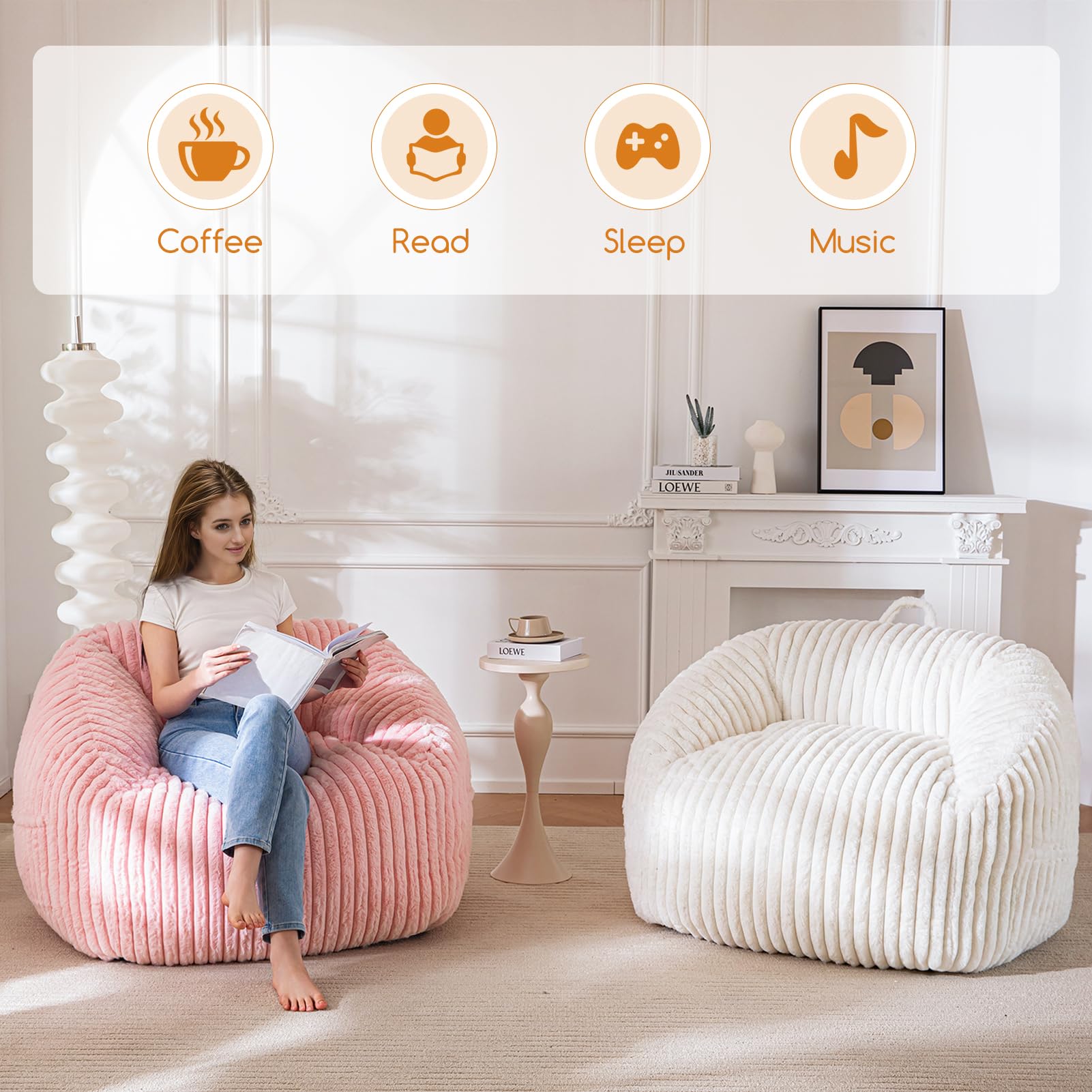 MAXYOYO Bean Bag Chair - Soft Floor Sofa with Handle & Storage Pocket for Living Room, Bedroom, or Dorm - Comfortable Beige Lounger for Relaxing, Reading & Gaming
