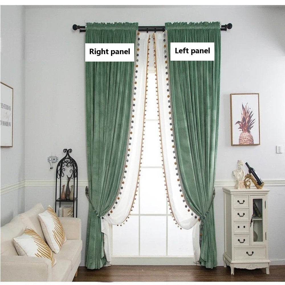 Luxury European Pompom Lace Velvet Curtains - Sea Green | Elegant Window Treatments for Living Room & Bedroom | Home Decor & Blackout Drapes