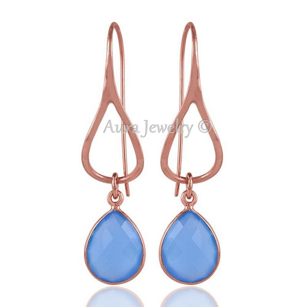 925 Sterling Silver Blue Chalcedony Dangle Earrings for Women - 14K Rose Gold Plated, Hypoallergenic Boho Style with Bezel Set Pear Gemstone | Perfect Christmas Gift, Birthday Present & Everyday Elegant Jewelry