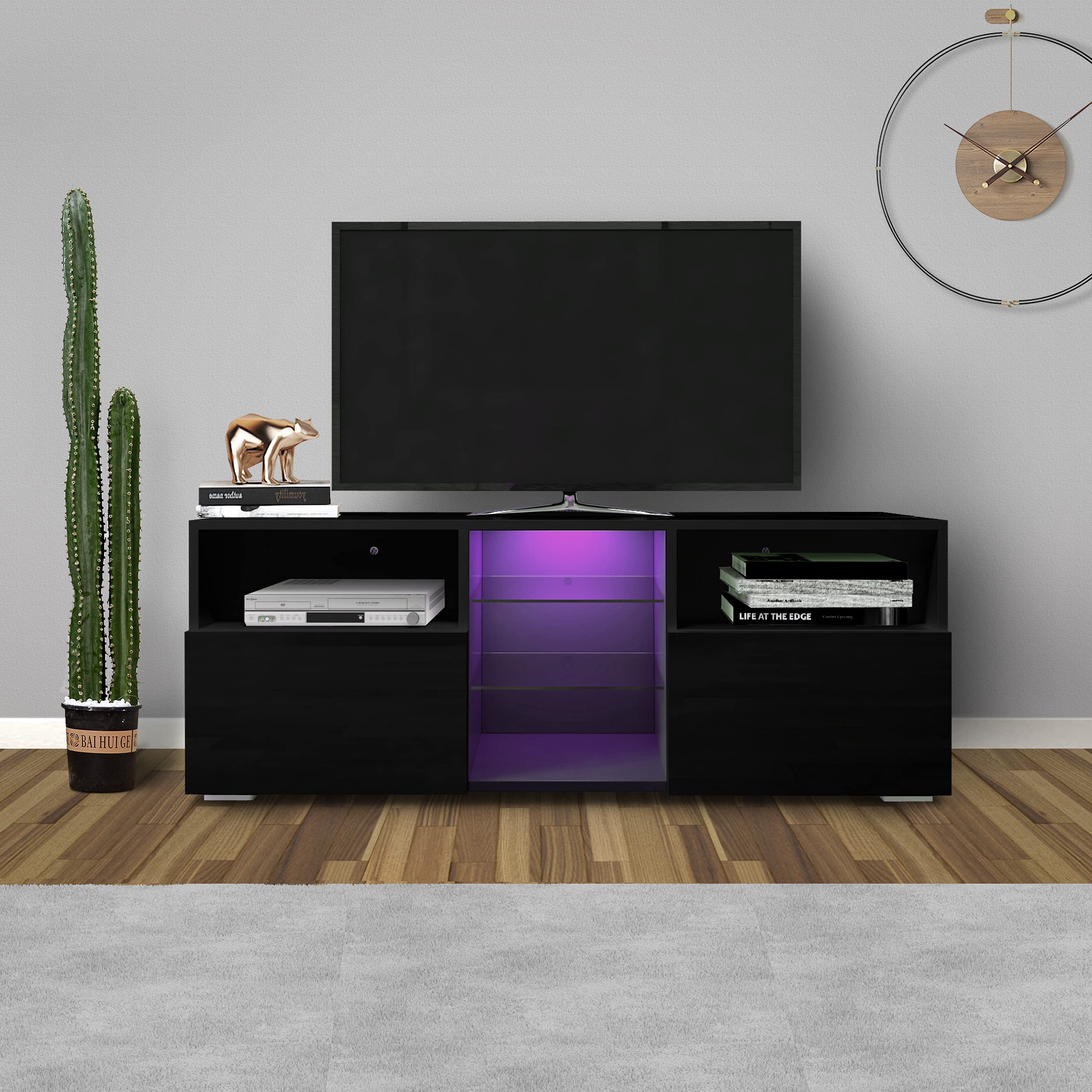 Valkynos Black TV Stand with 2 Storage Drawers & 3 Open Shelves - High Gloss LED Entertainment Center for 40-55 Inch TVs - Perfect for Living Room, Bedroom & Gaming Setup