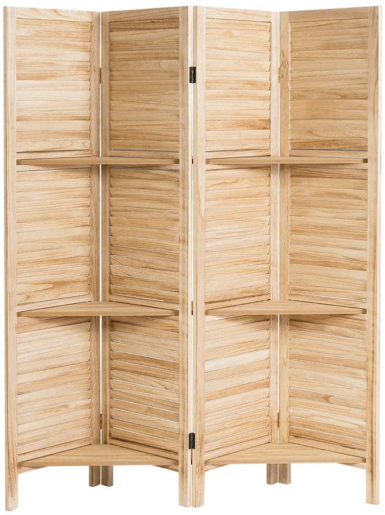 HappyGrill 4 Panel Folding Room Divider with Display Shelf - 5.6 Ft Tall Natural Wood Privacy Screen for Home, Office & Dorm - Perfect for Room Separation, Space Partition & Decorative Storage